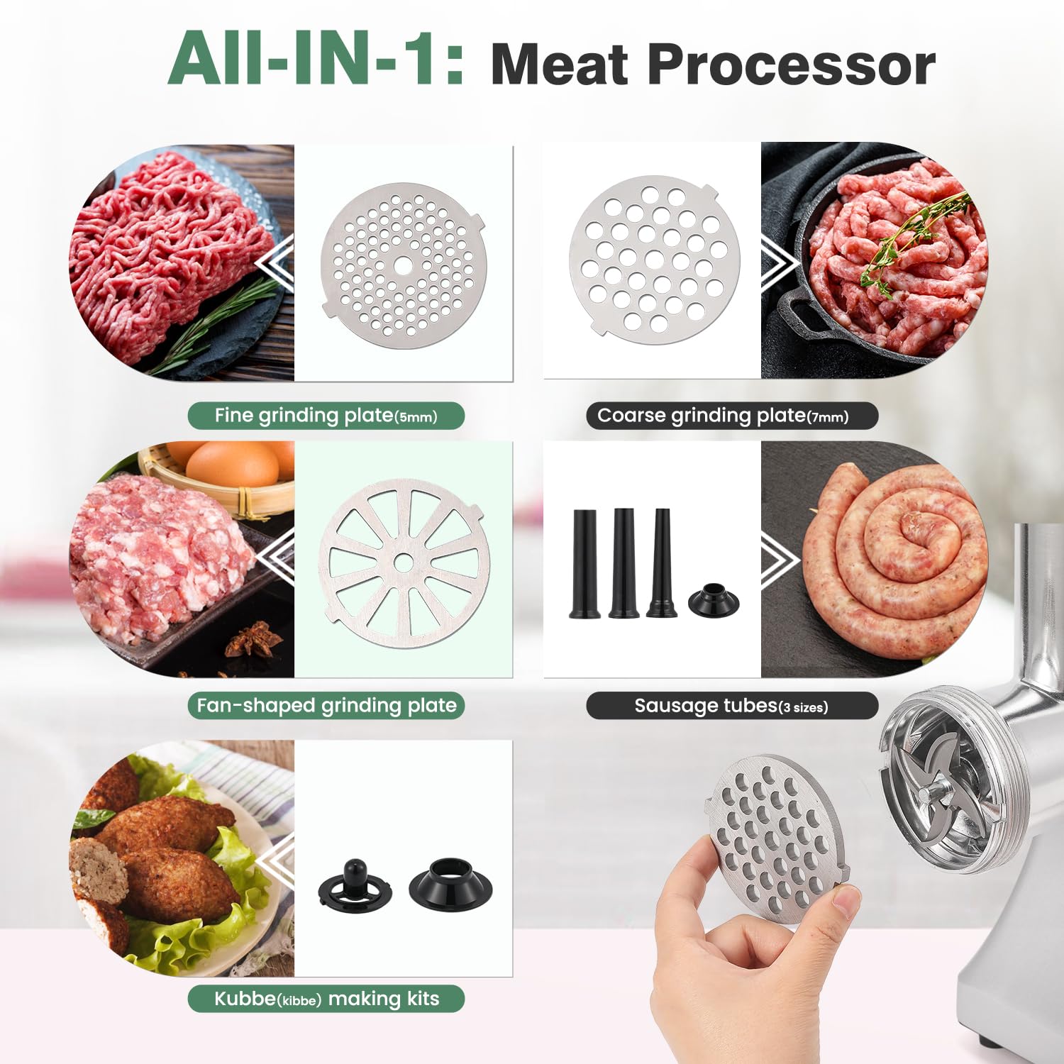 Trituradora eléctrica de carne de 2800 W con 5 juegos de cuchillas de acero inoxidable, hoja de fritura francesa, 3 rellenos de salchichas, kits de Kubbe, máquina de molienda resistente para el 3
