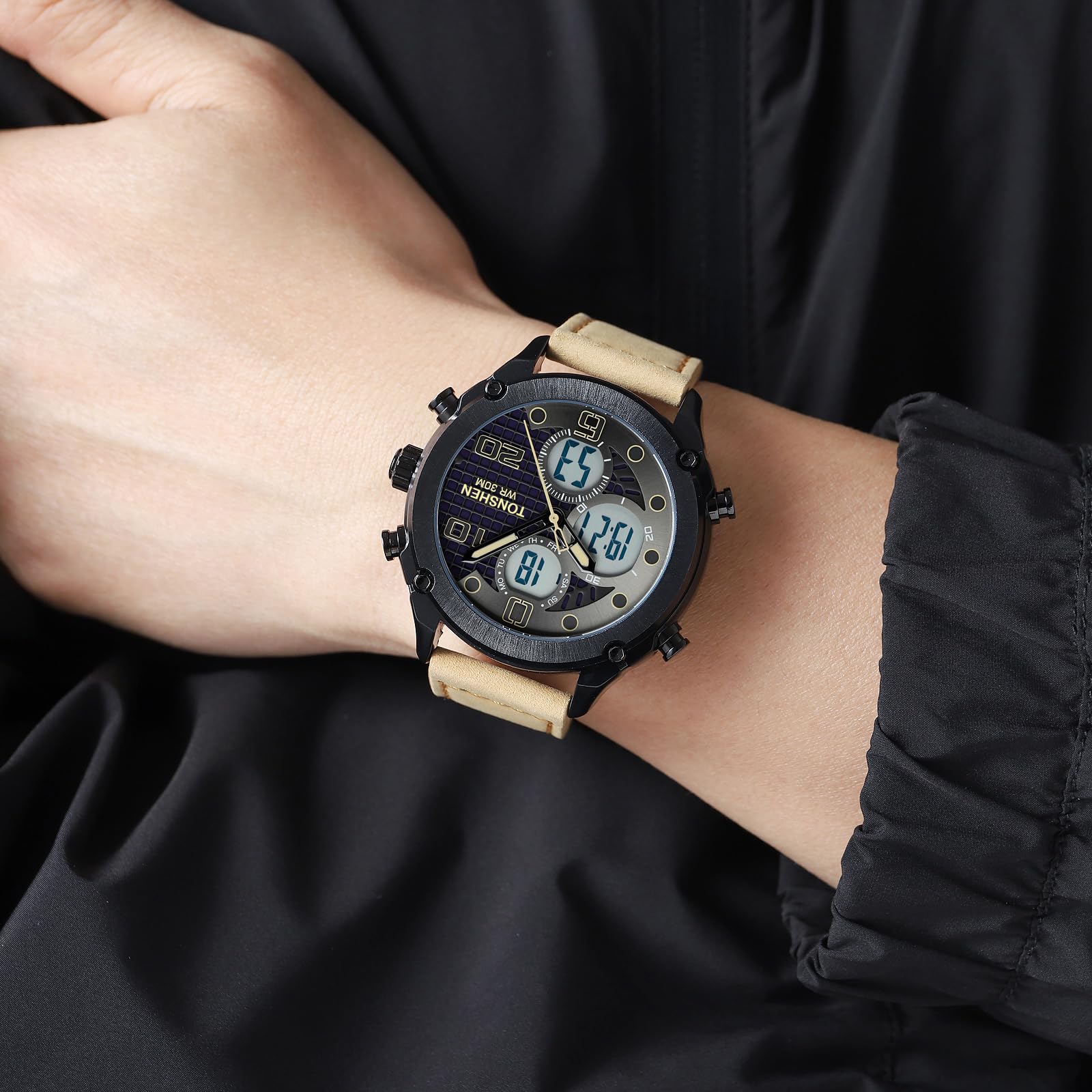 TONSHEN Orologi da Polso Uomo Acciaio Inossidabile e Pelle Cinturino Digitale Multifunzione LED Elettronico Tre Tempo Outdoor Militare Sportivo Orologio
