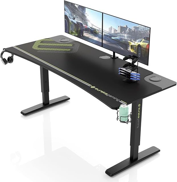EUREKA ERGONOMIC Gaming Computer Desk Manual Height Adjustable Standing Desk, 160×70cm Ergonomic Computer Table for 3 Monitors with Free Mouse Pad Controller Stand Cup Holder Headphone Hook