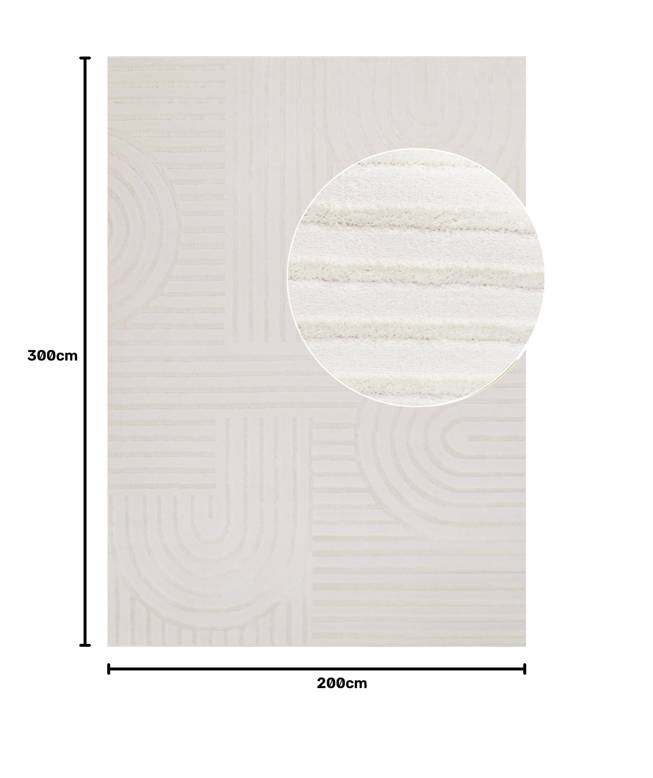 TAPISO Hygge Dywan z krótkim włosiem, kremowy, białe paski, koła 3D, do salonu, sypialni, Öko-Tex, 200 x 300 cm