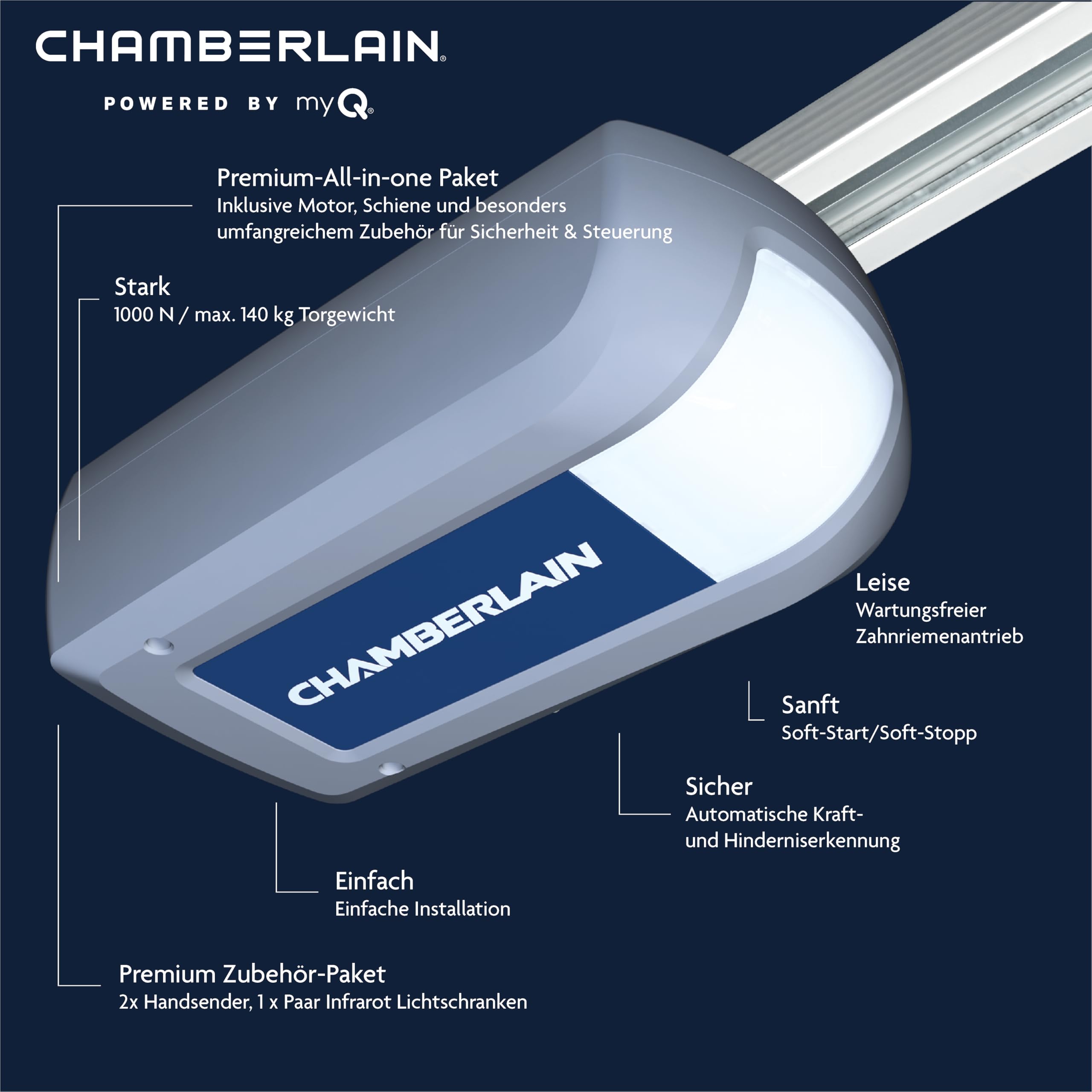 Chamberlain ML1040EV - Accionamiento para puerta de garaje - Silencioso y fuerte: 1000 N fuerza de tracción máx. 140 kg de peso de la puerta - Capacidad para Smart Home - Montaje sencillo - Incluye