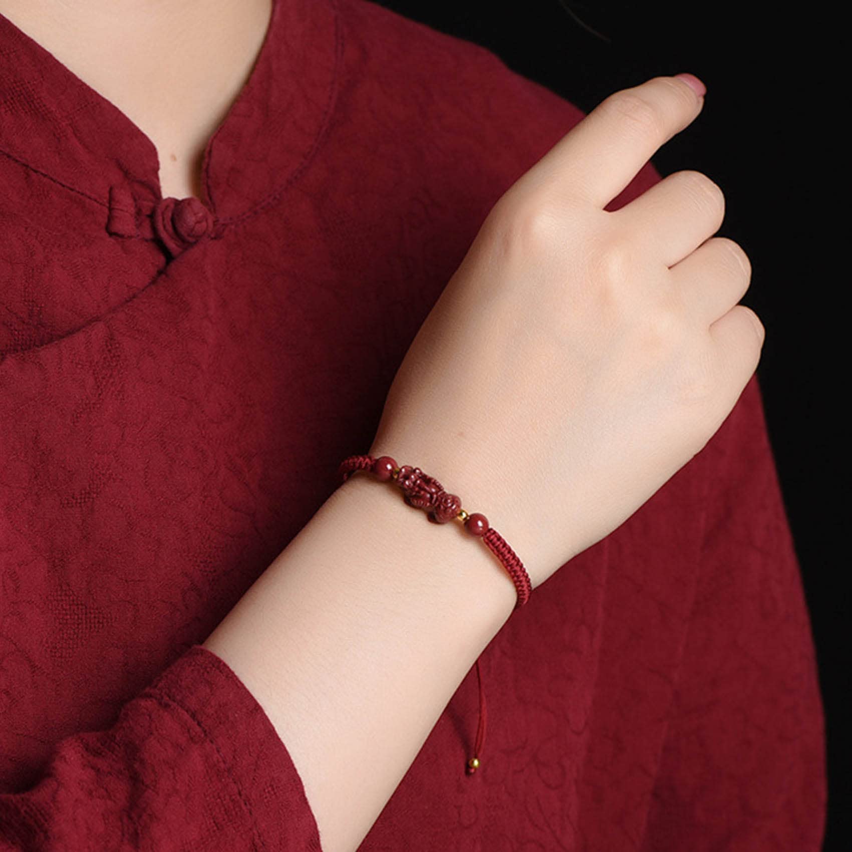 Pulsera Feng Shui/Pulsera Cinabrio Piedra De Cristal Pulsera Ajustable Pulsera De Hilo Pulsera con Amuleto De La Suerte Mujeres Hombres Talismán Atraer Riqueza Fortuna,Negro