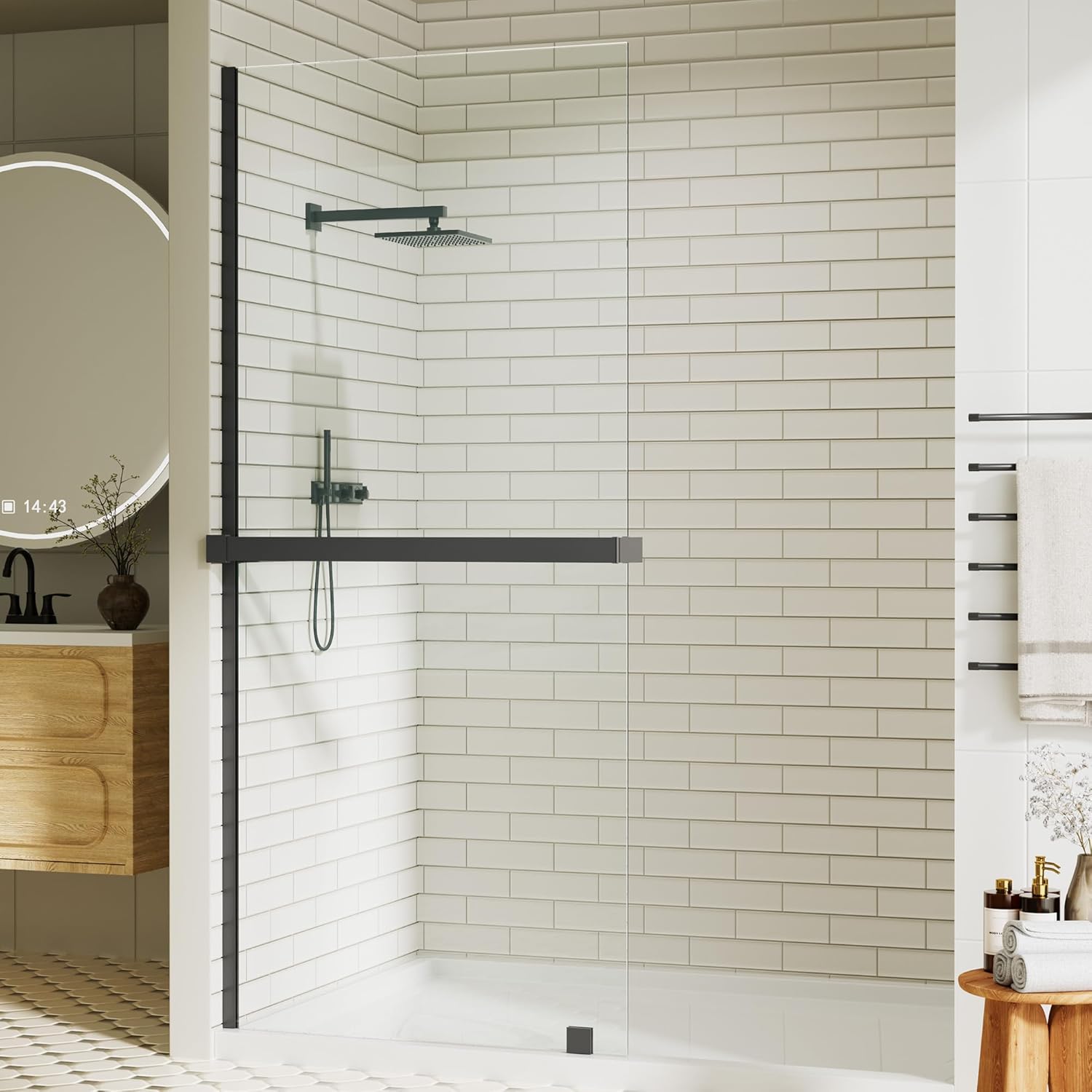 36" W x 76" H Fixed Glass Shower Panel, Frameless Shower Glass Panel with Nano Coating,5/16" (8mm) Clear SGCC Tempered Glass Panel for Walk In,Black