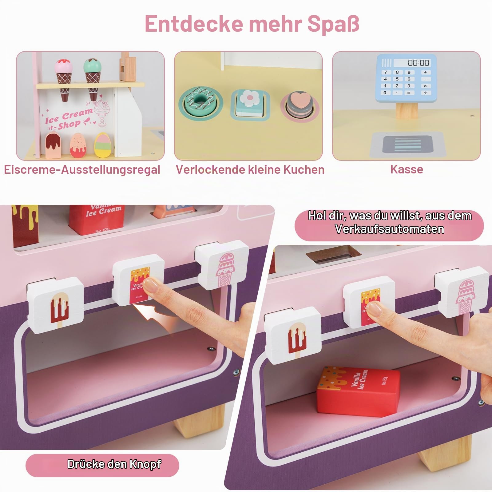 HOMASIS Kinder Eiswagen Holz mit 15 Zubehör, Kaufladen mit 6 Spielzeug-Eiscreme, Eismaschine, Verkaufsautomat, Kasse, Scanner, Eisdiele mit Rädern & Vordach, Verkaufsstand für Kinder ab 3 Jahre (Rosa)