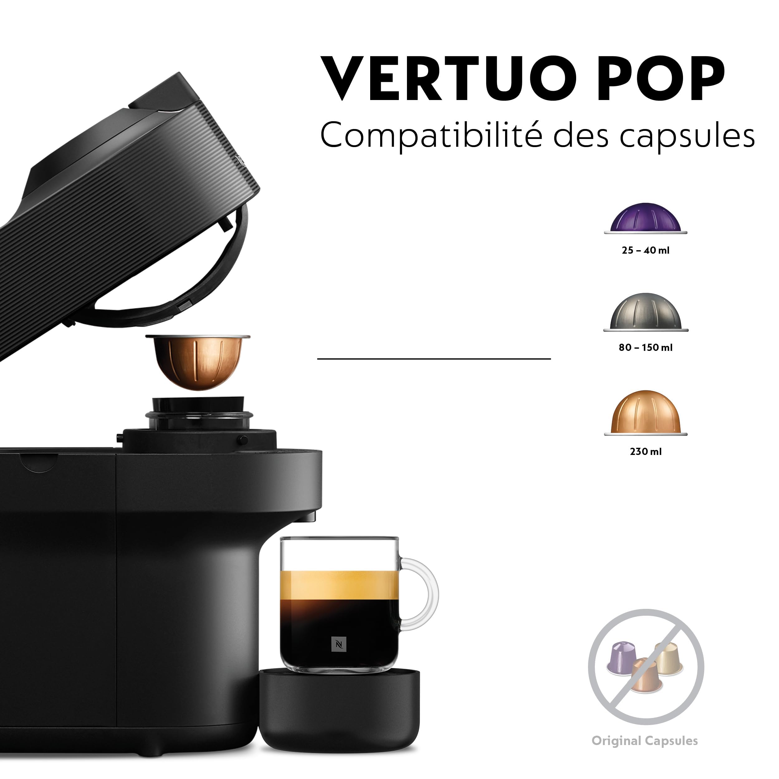 Nespresso De'Longhi Machine à Café Vertuo POP Noir, Capsules café Vertuo seulement, Technologie Centrifusion, 5 Tailles de Tasses + Kit de Bienvenue, Design Compact, Arrêt Automatique, ENV90.B