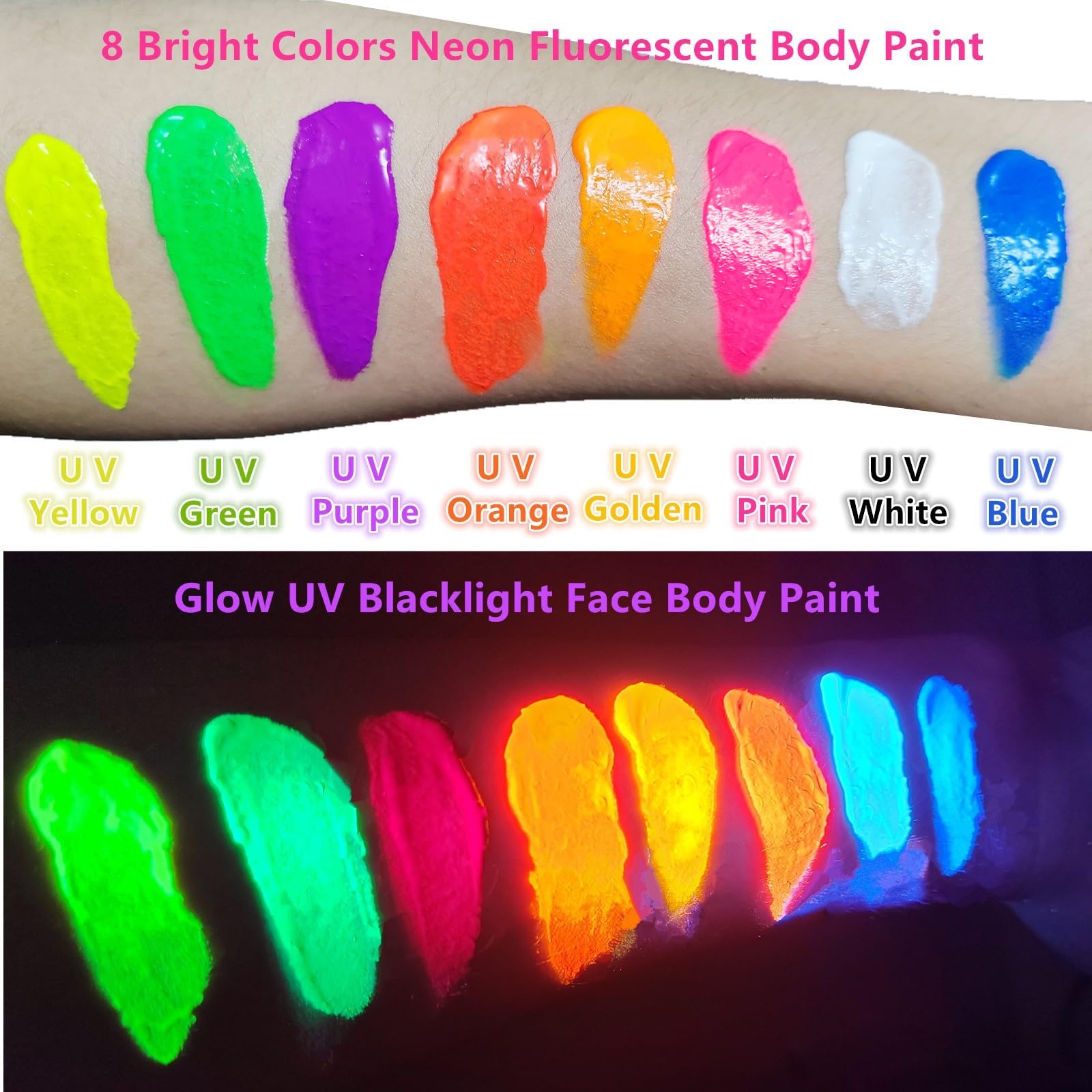 Go Ho Neon White Body Paint Washable(2.37oz,70ml),under UV Blacklight Neon Face Paint,Water Based Neon Fluorescent White Face Paint for Adults Children SFX Cosplay Costumes Festivals Halloween Makeup