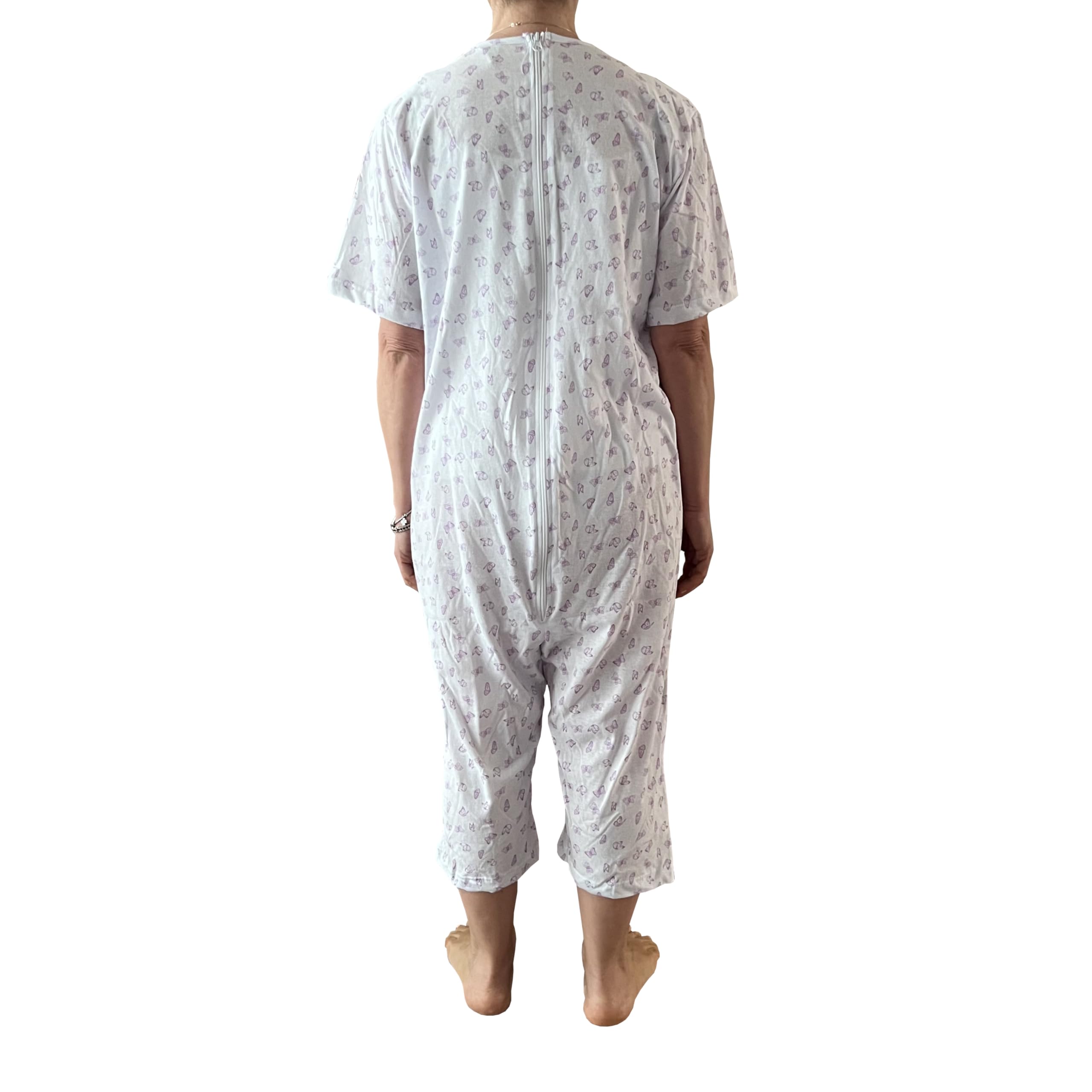 Pigiama Sanitario Donna Estivo Anziani Maniche Corte E Pantaloncino, Tutone Cerniera Posteriore, Farfalle Glicine
