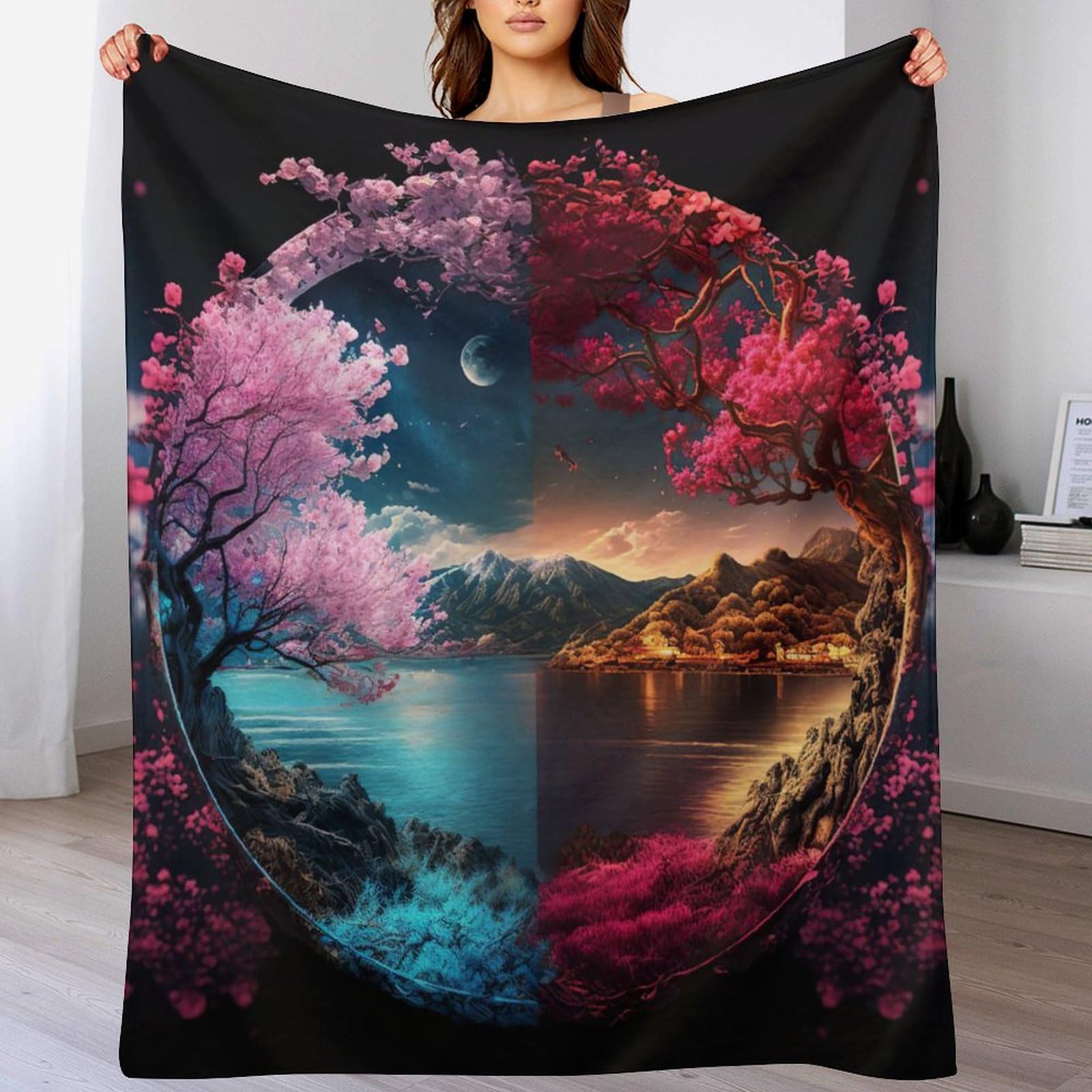 Couverture polaire flanelle haut de gamme art japonais cerisier pour canapé