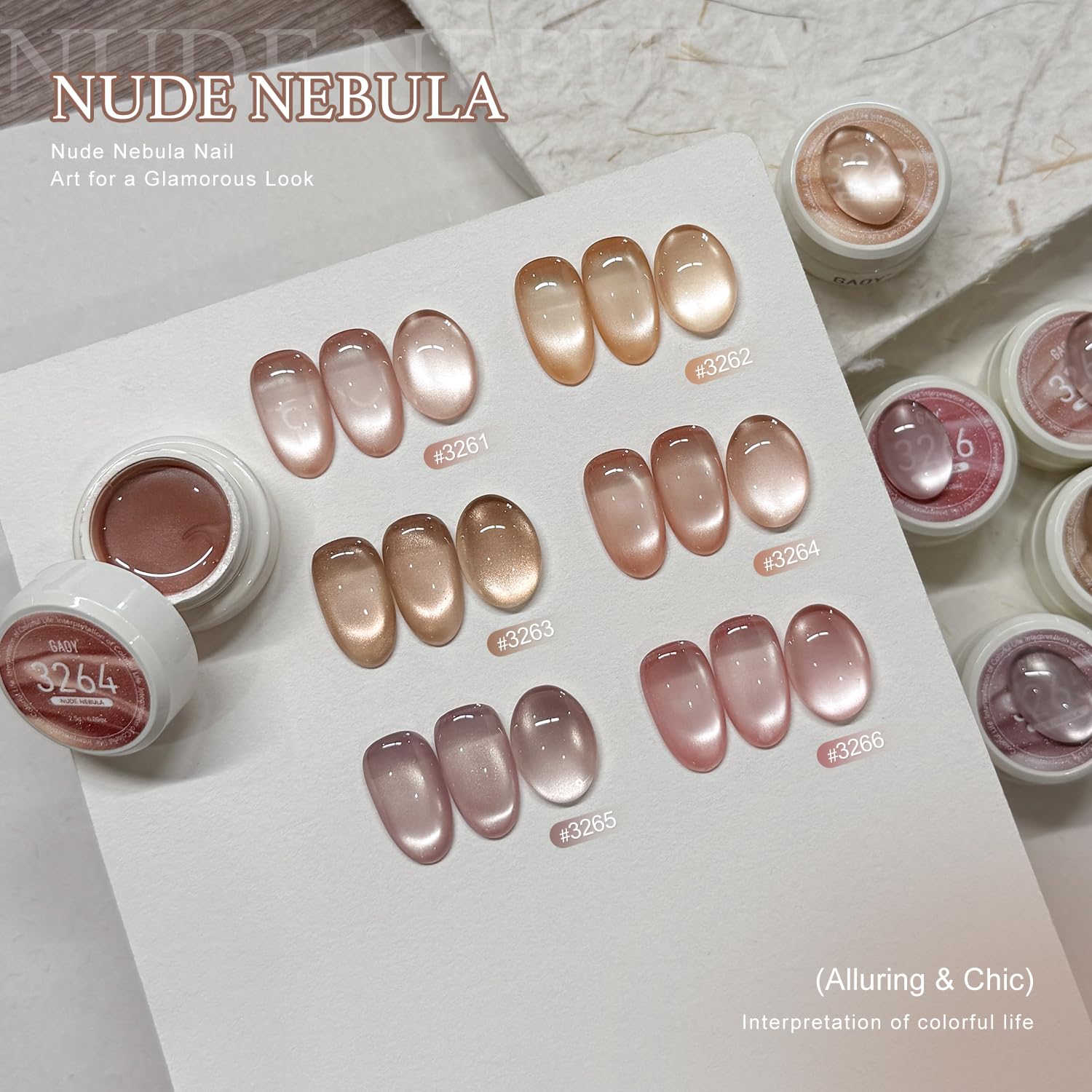 GAOY Sheer Nude Cat Eye Gel Nail Polish Set with Magnet, 6 Colors Jelly Pink Purple Gold Holographic Gel Polish, for Salon Manicure & Nail Art DIY at Home, Nude Nebula