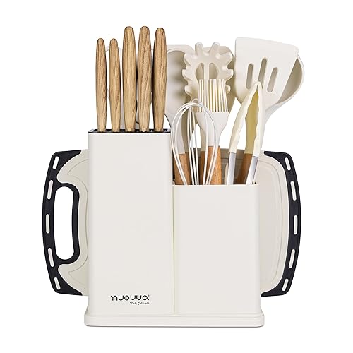 Cooking Utensils Set with Chopping Board – Knife Set with Block – Heat Resistant Silicone Utensils with Wooden Handle, Spoons, Ladles & Spatula – Kitchen Tools & Accessories – 17pcs, Cream – by Nuovva - Cream