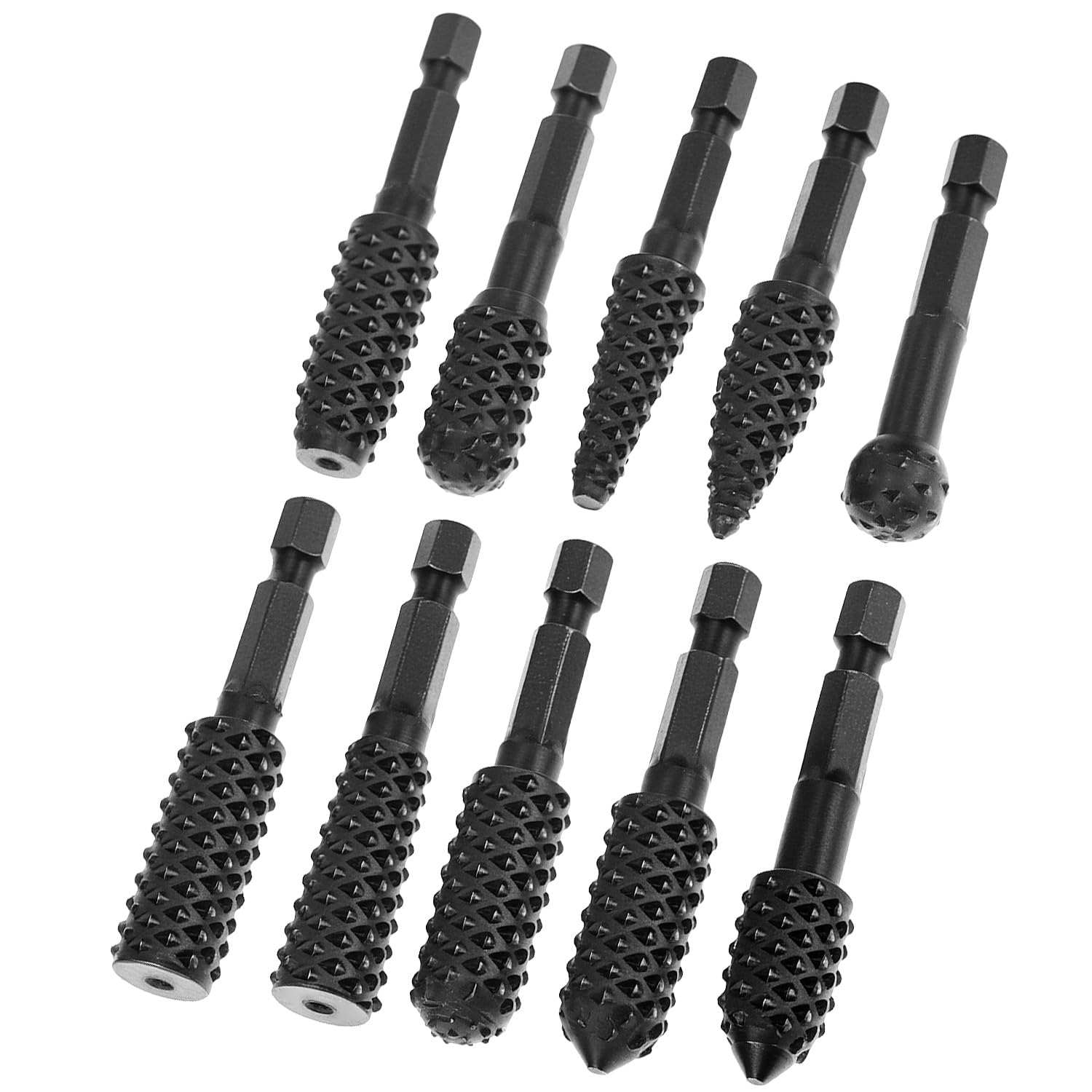 QWORK 10 Pieces Rotary Burr Wood Carving Rasp Files Set - 1/4" Hex Shank, Precision Milled, for Wood Plastic Engraving Deburring — Amazon image 4
