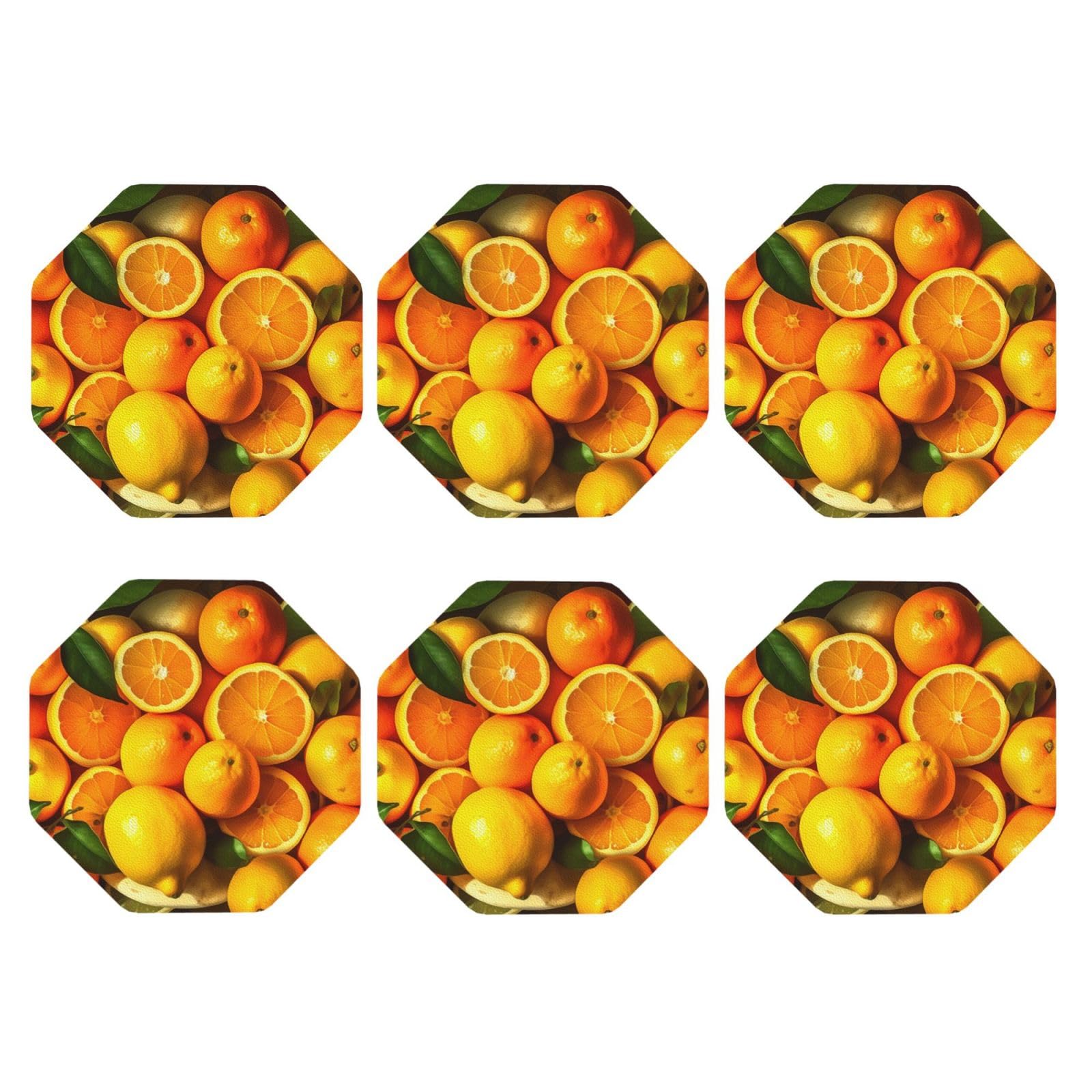 6pcs Leather Coasters for Drinks, Oranges and Lemons Drink Coasters for Tabletop Protection, 4" Cup Coasters for Coffee Table Decor, Non-Slip Drinking Cup Mat for Hot Or Cold Drink