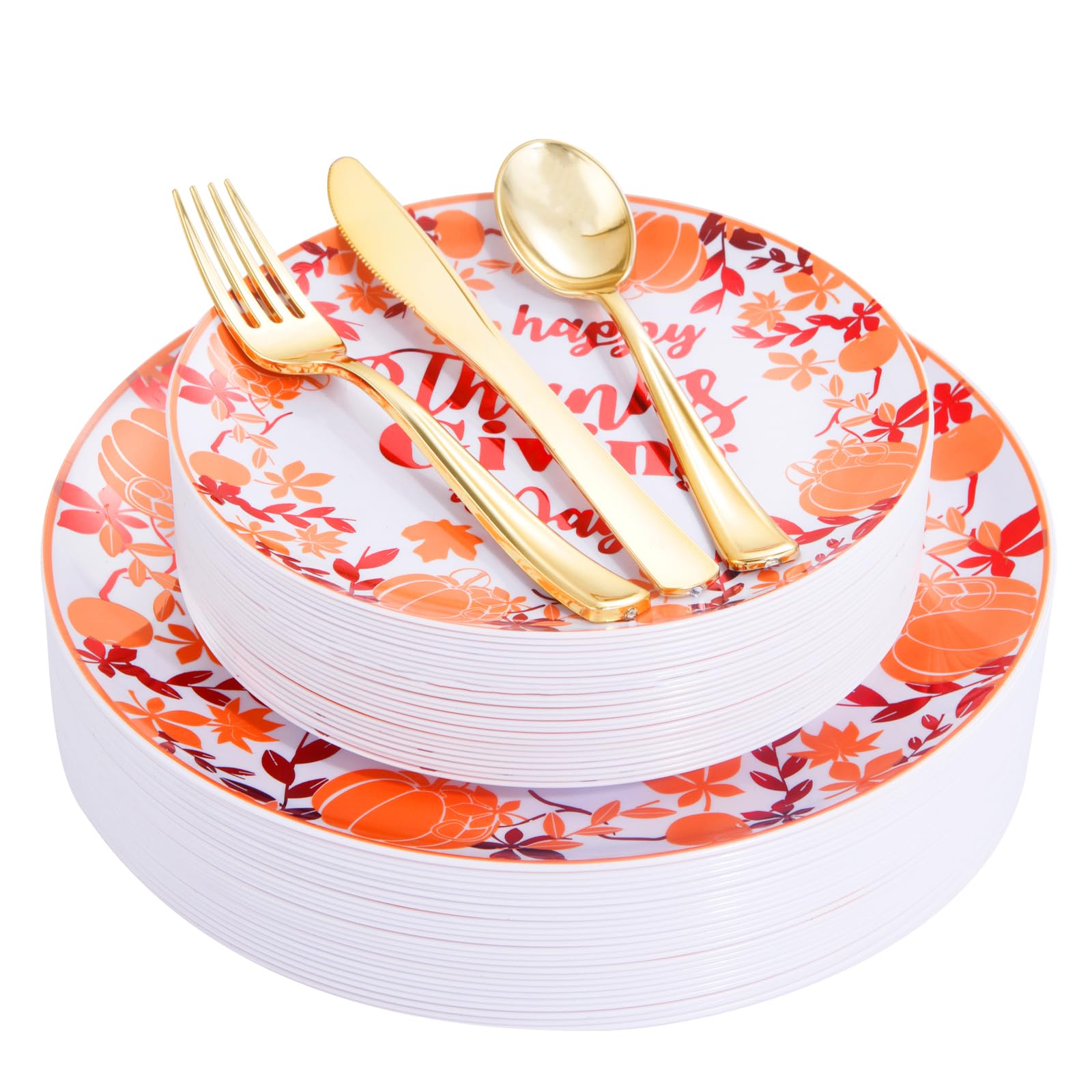 U-QE 125 Pcs Thanksgiving Plastic Plates with Gold Plastic Silverware, Orange and Red Disposable Plates For Party Include 25 Dinner Plates 10.25", 25 Salad Plates 7.5", 25 Forks, 25 Knives, 25 Spoons