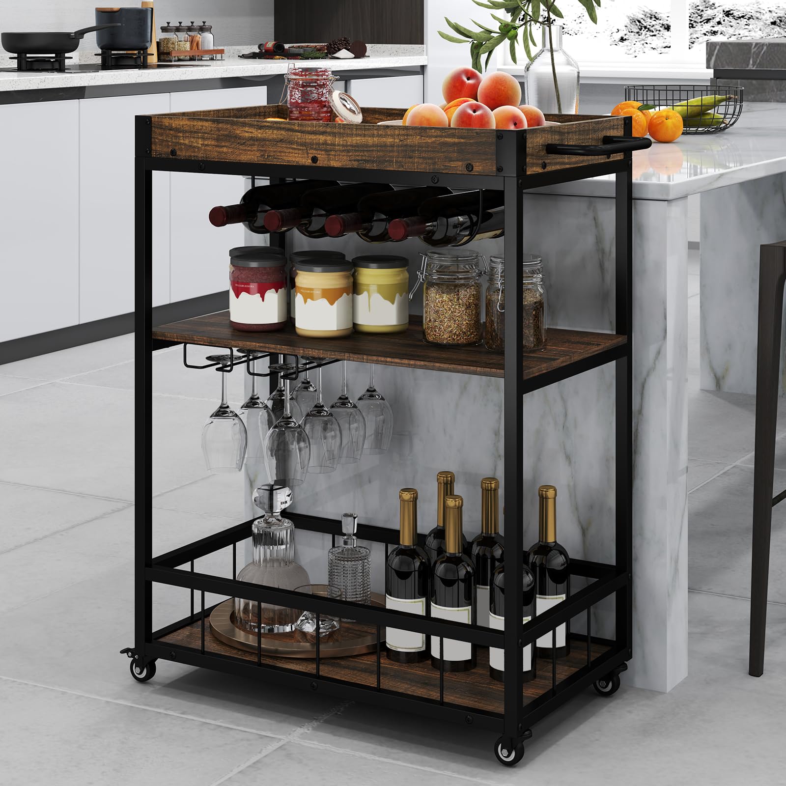 RELAX4LIFE Carrello Bar a 3 Livelli con Vassoio Rimovibile, Portabottiglie e Porta Bicchieri, Carrello su Ruote con Manico per Sala da Pranzo e Soggiorno