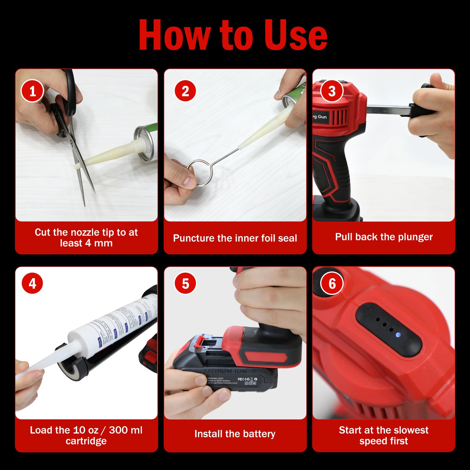 Pistola Selladora Inalámbrica 21V, 2940N y 2 Baterías | 4 velocidades ajustables, LED, sistema antigoteo automático para cartuchos rígidos estándar de 300 ml de silicona o sellador