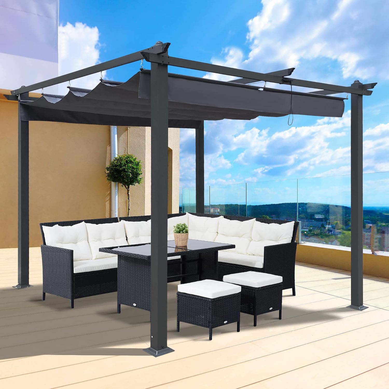 SUNDALY 10x10 FT Retractable Pergola Canopy, Aluminum Pergola with Thicker Post