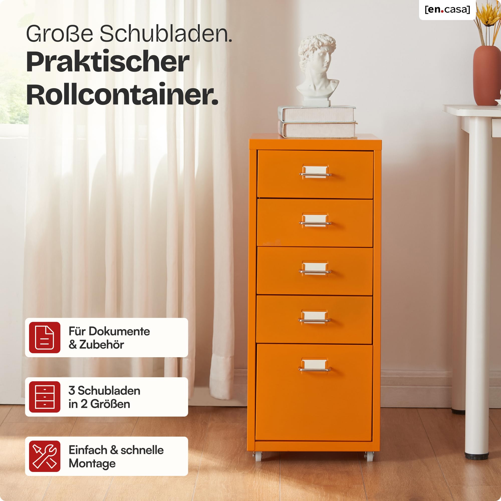 [en.casa] Rollcontainer Kökar Schubladenschrank Metall Aktenschrank mit 5 Schubladen Bürowagen mit Rollen für Arbeitszimmer 69 x 28 x 41 cm Orange