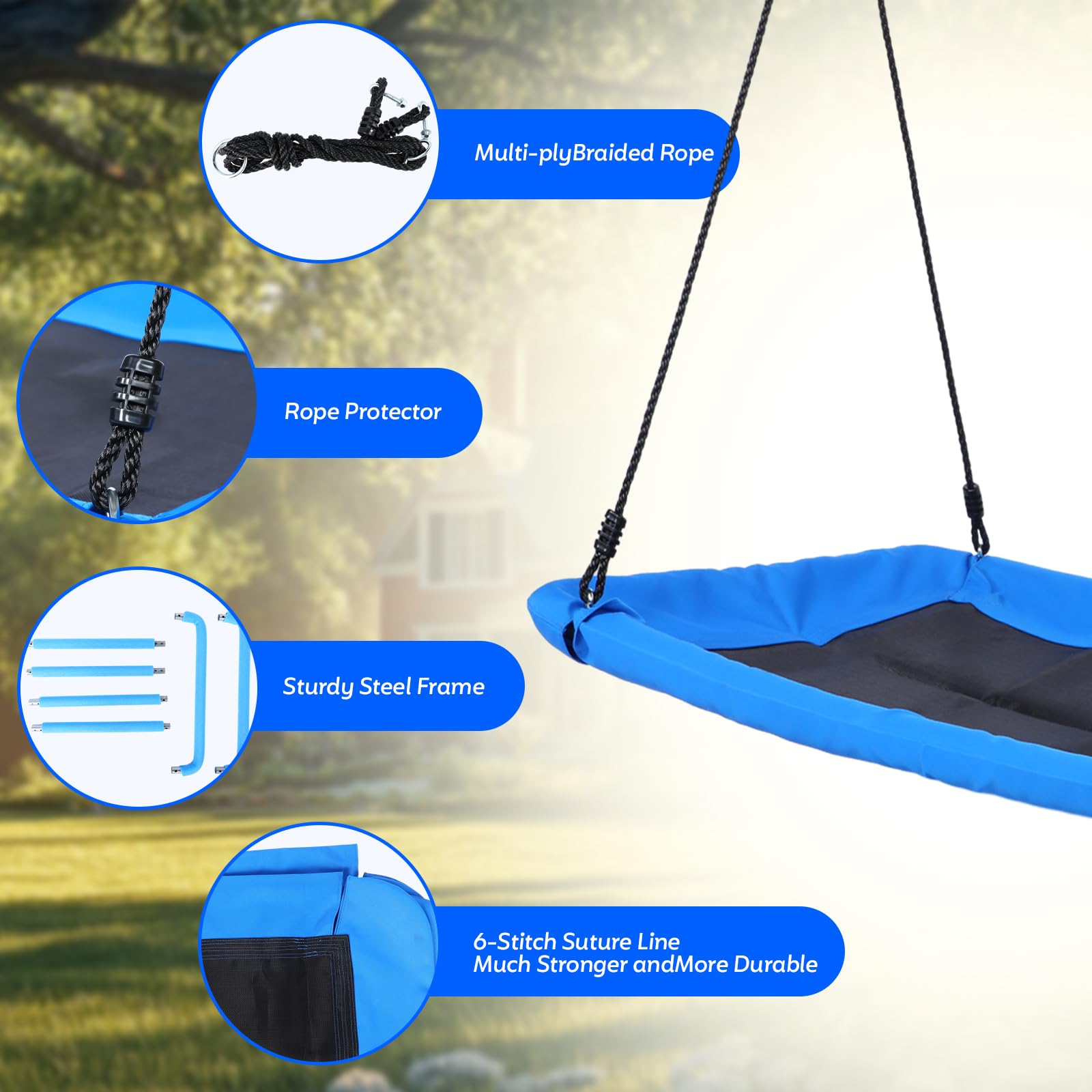 Outdoor Tree Swing - 800lb Giant 60'' Platform Swing for Kids and Adults - 2 Hanging Straps Rectangular Design (Blue)