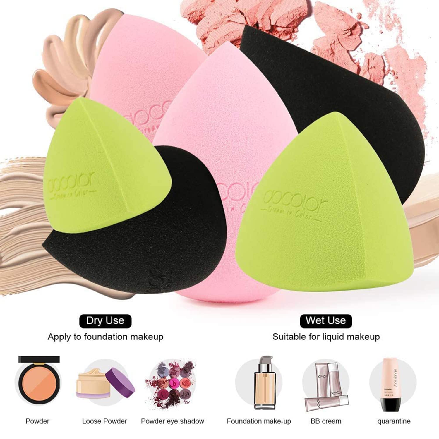 Docolor 6+1Pcs Makeup Sponges with Foundation Brush, Foundation Blending Beauty Sponge & Flat Top Kabuki Brush for Liquid,Cream,and Powder,Buffing,Blending,Full Coverage Foundation