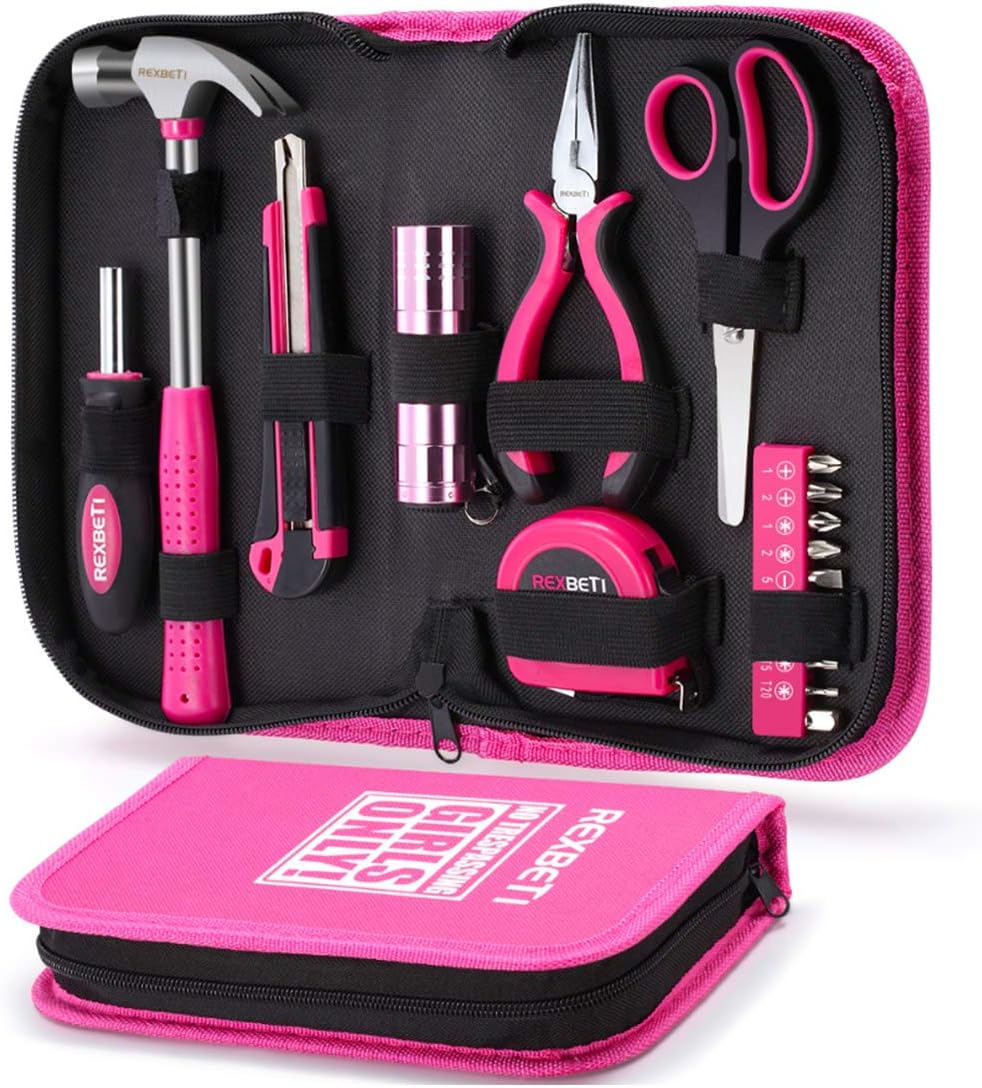 REXBETI 17Piece Women Tool Set, Ladies Pink hand Tool Kit with Durable