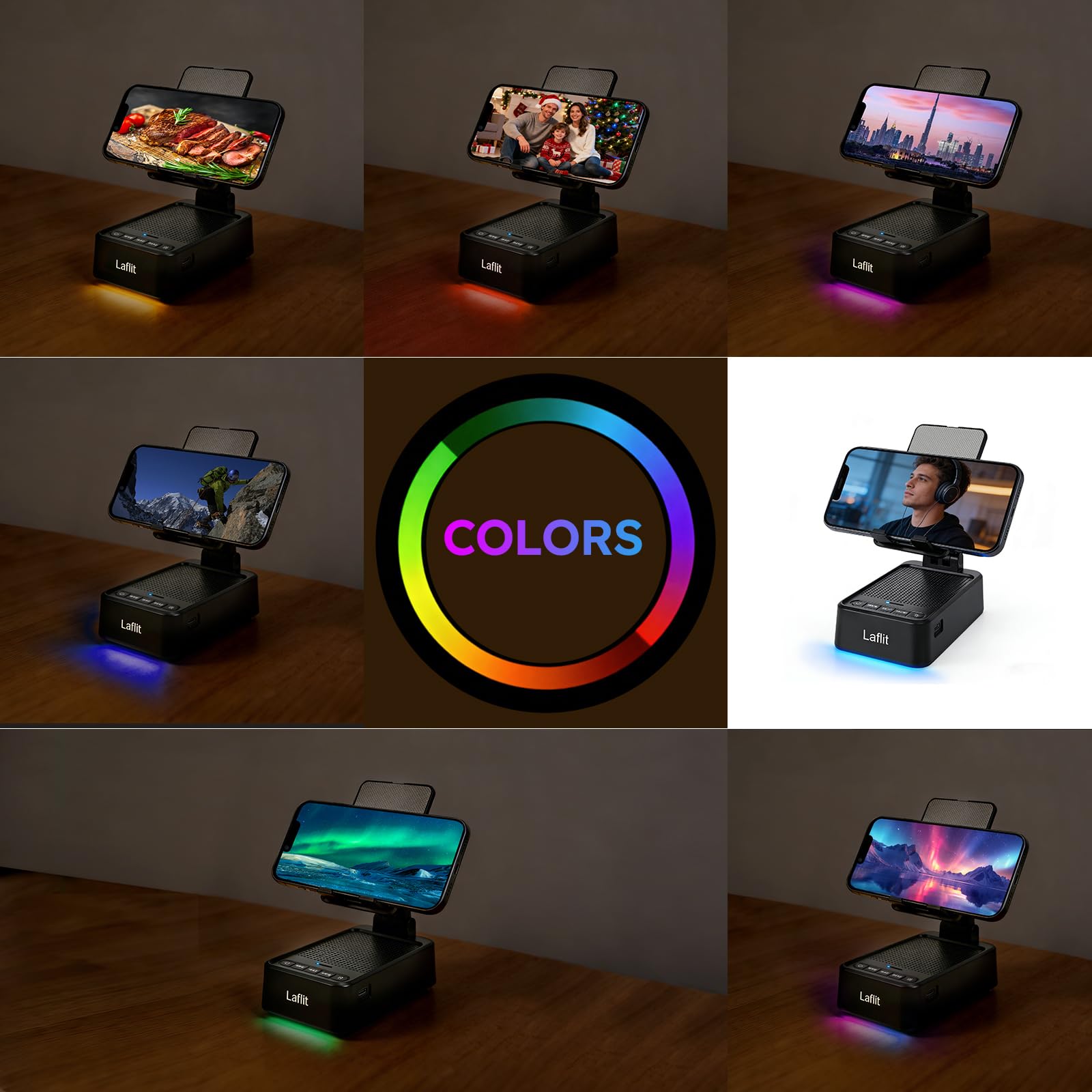 Geschenke für Männer und Frauen, Telefonständer mit Bluetooth-Lautsprecher und LED-Umgebungslicht, HD-Surround-Sound-Lautsprecher, kompatibel mit allen iPhone/Android-Handys, iPad, Kindle