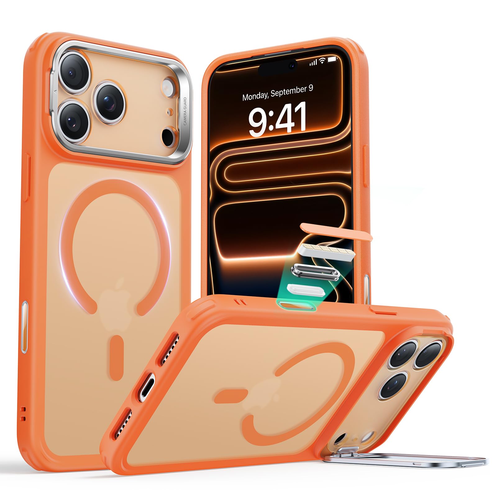 ESR Cover per iPhone 17 Pro Max, Controllo della fotocamera, Compatibile con MagSafe, Supporto integrato, Protezione di livello militare, Retro resistente ai graffi, Arancia Trasparente