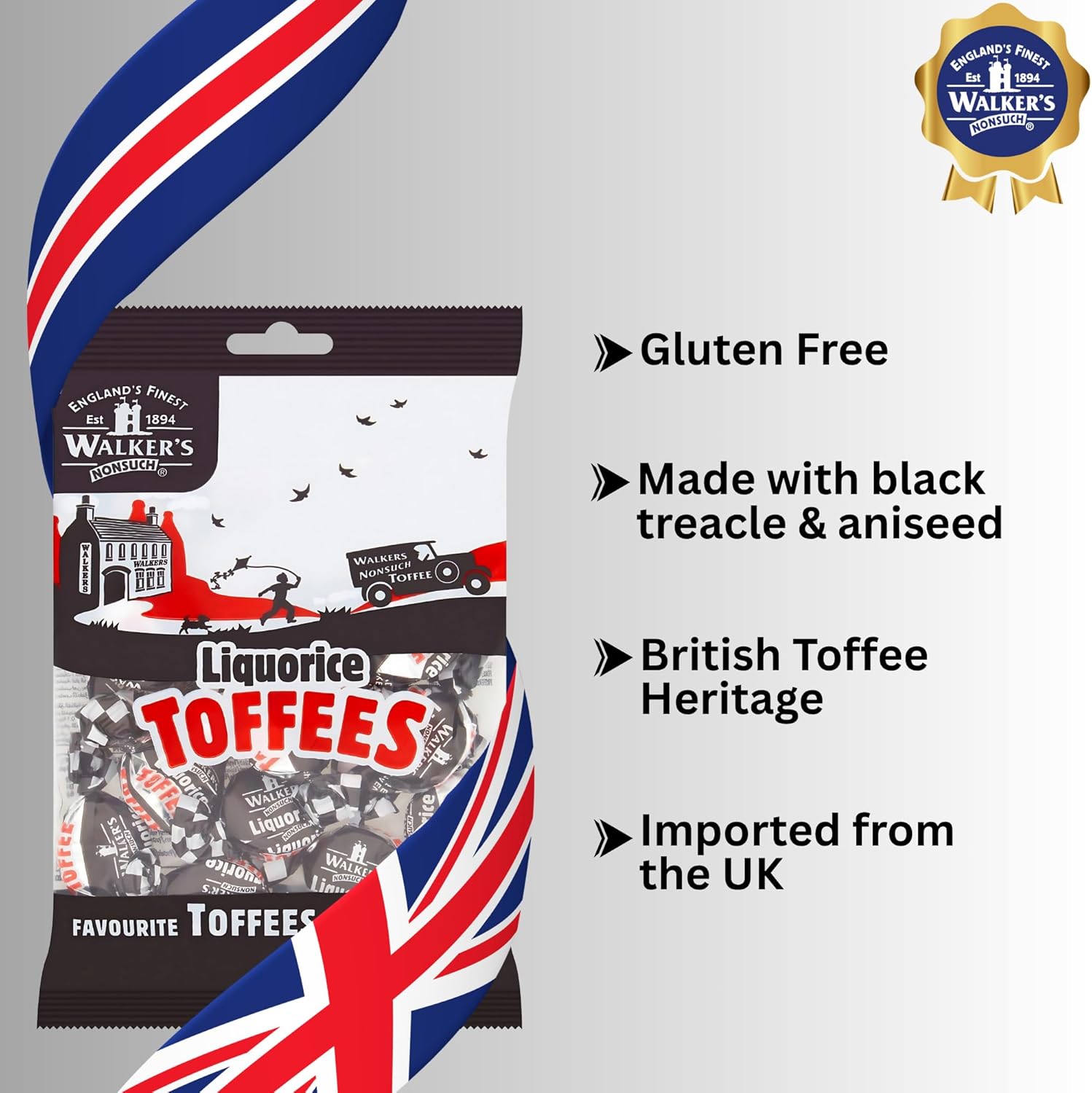 Walkers Nonsuch Liquorice Toffees Bag 5.29 Oz (Pack of 6) – Black Licorice Candy, British Chewy Toffee Candy, Old Fashioned Sweets, Traditional English Treats, Imported from UK