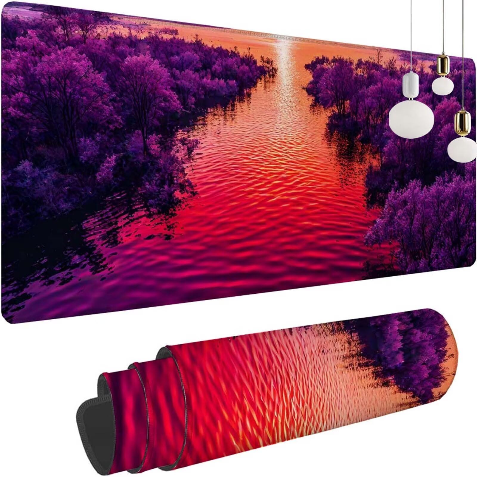 Alfombrilla Ratón Púrpura Lago Alfombrilla Ratón XXL 1400x600x3mm Mouse Pad Resiste Salpicaduras, Extendida de Gran Tamaño con Bordes Cosidos, Mejora la Precisión y la Velocidad, Antideslizante y-487