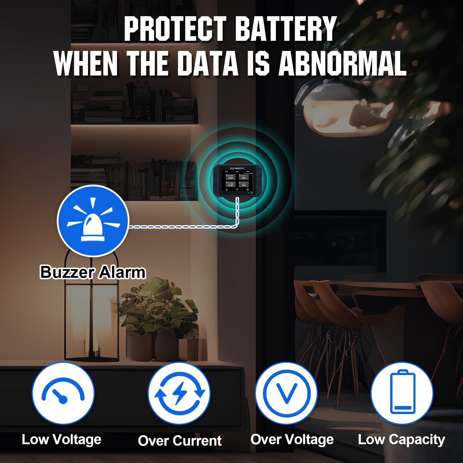 ECO-WORTHY Monitor per batteria 300A con sensore Hall, Monitor batteria 9-80V per batterie Li-ion/LiFePO4/AGM/Gel in sistema solare/carrello/camper