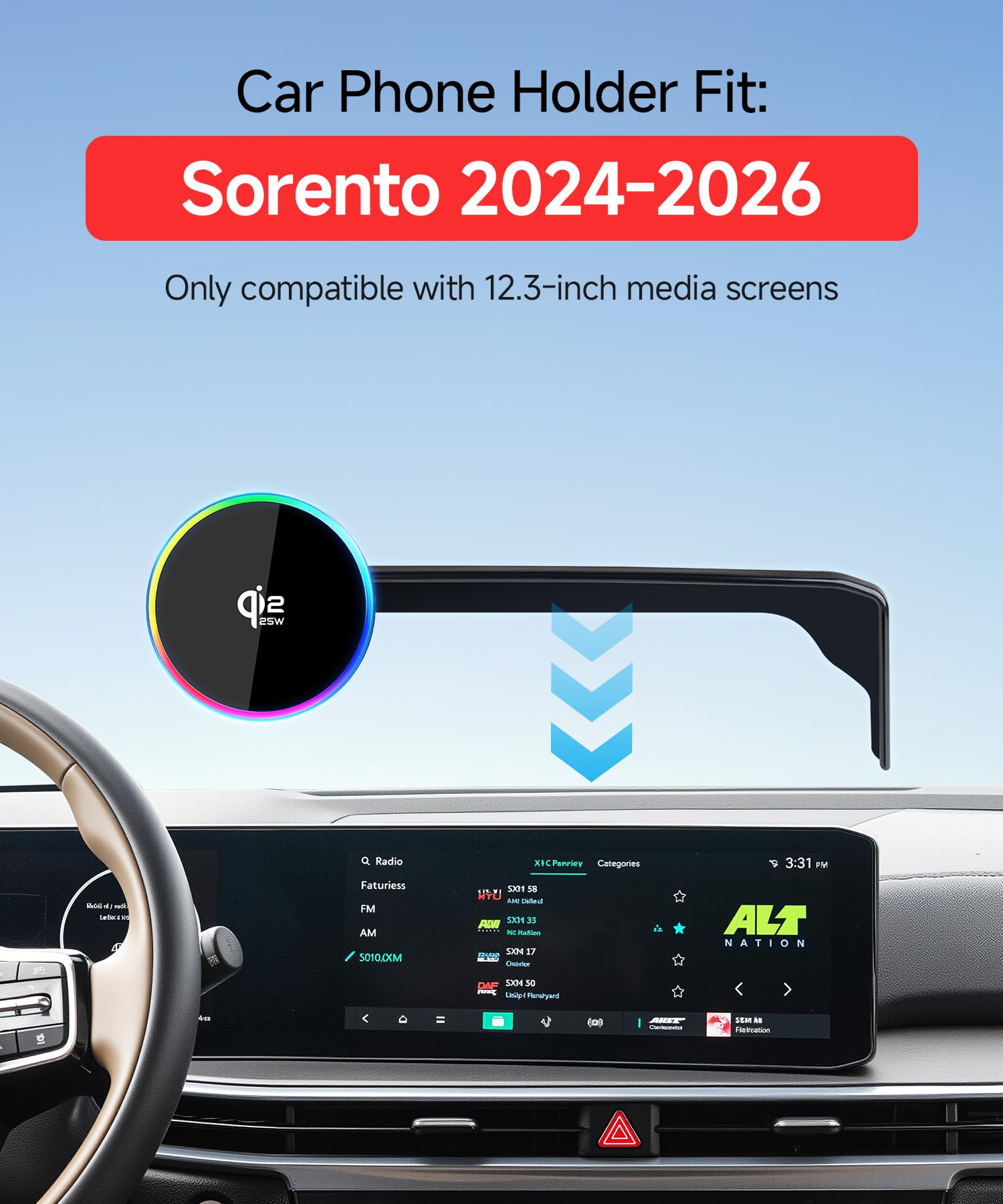 Qi2.2 Max 25W Fast Wireless Car Charger Phone Holder per 2024 2025 2026 Kia Sorento/Hybrid 12.3 Pollici Screen, Supporto magnetico per telefono compatibile con MagSafe