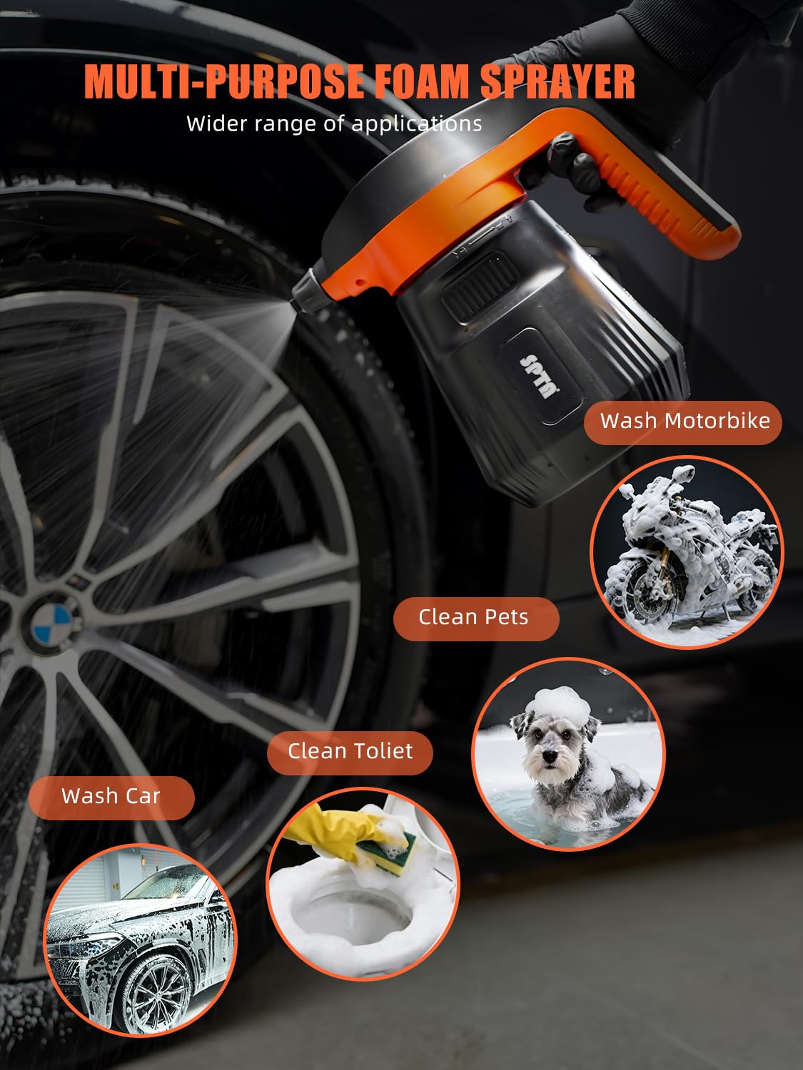 SPTA Spruzzatore di schiuma a pressione, 2,25 l/8 oz elettrico pressurizzato spruzzatore di schiuma per auto, spruzzatore a pompa senza fili, schiuma idropulitrice per lavaggio auto con shampoo per