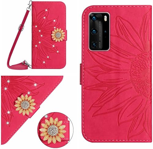Miniatura 2 de ONV Wallet Case for Huawei P40 Pro - 15M Strap Glitter Shinny Sunflower Flip Leather Case Card Slot Shockproof Kickstand Magnetic Cover for Huawei