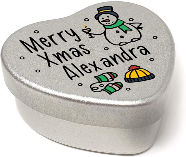 The Plum Penguin Personalised Merry Christmas Name Heart Shaped Mini Tin Xmas Personalised Name Fun Snowman Cheers filled with mini chocolates