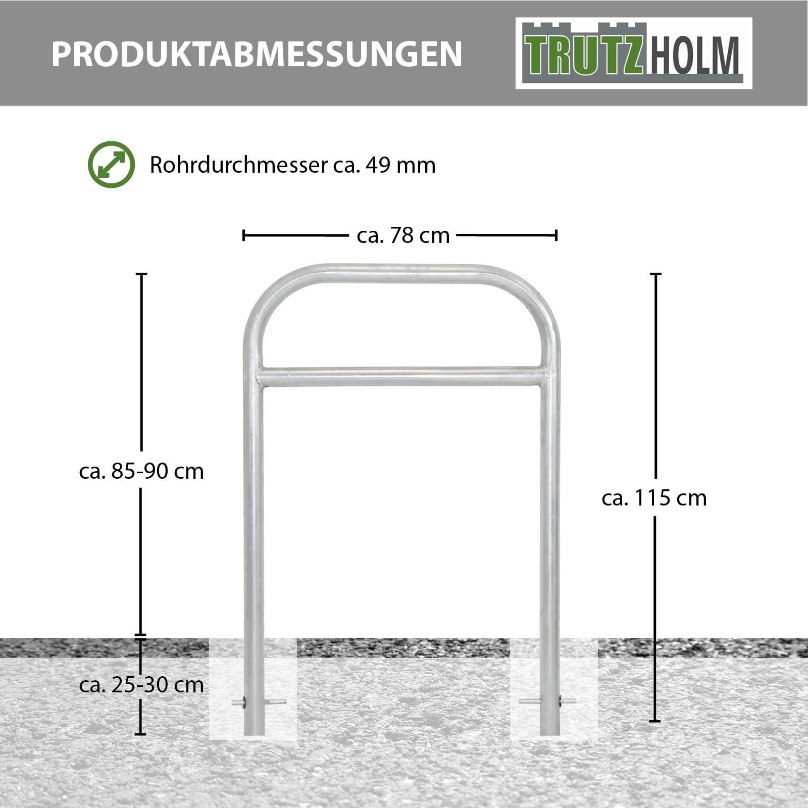 TRUTZHOLM Fahrradanlehnbügel mit Mittelrohr 115 x 78 cm Stahl feuerverzinkt Ø 49 mm zum Einbetonieren Fahrradständer für 2 Fahrräder beidseitig nutzbarer Parker Diebstahlschutz für Fahrräder