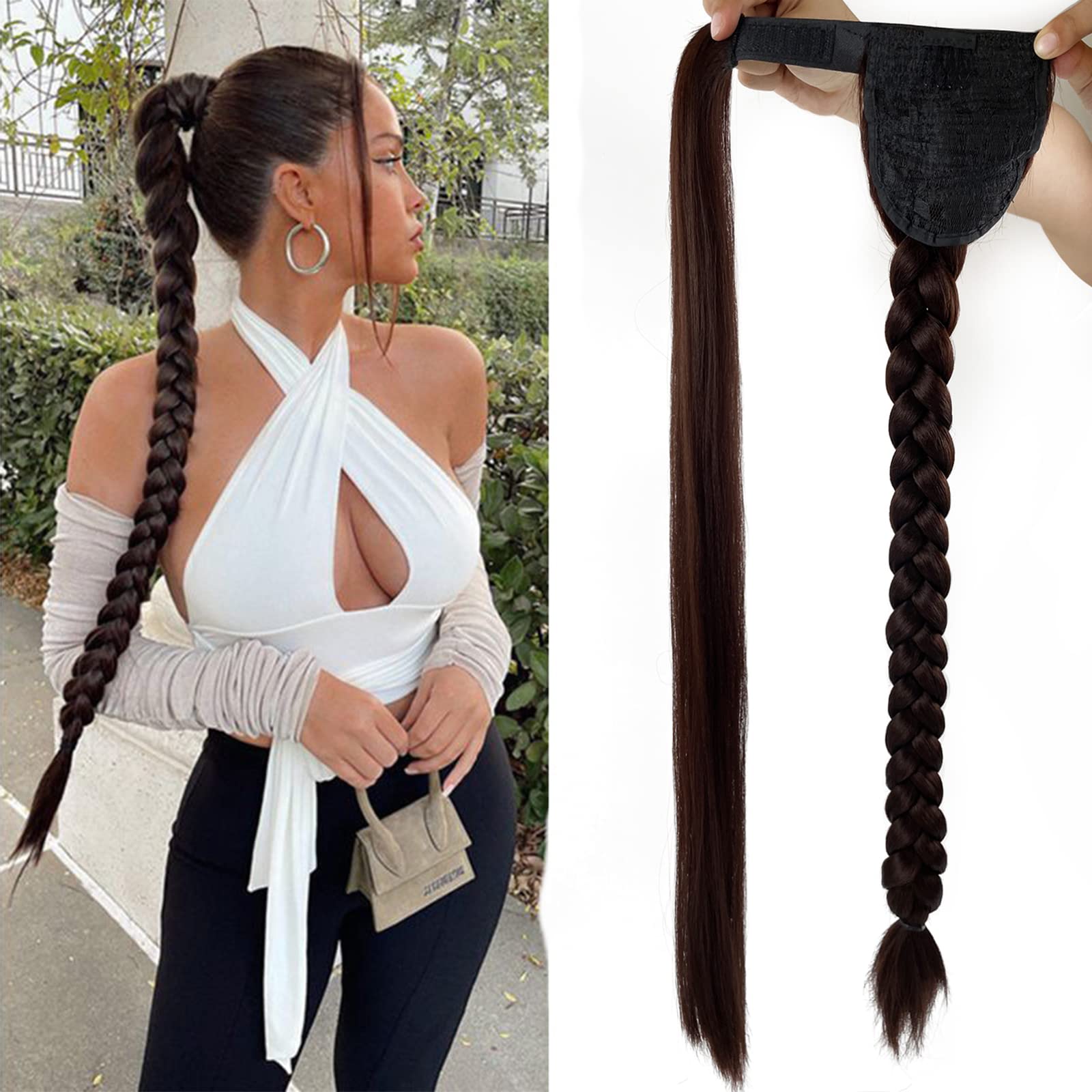 Photo 1 of  Braided Ponytail Extension for black women 24 Inch Wrap Around Ponytail Hair Extensions Long Brown Braided Ponytail Hair Piece Natural Looking Braid Pony Tail Extension (24 Inch, 4)