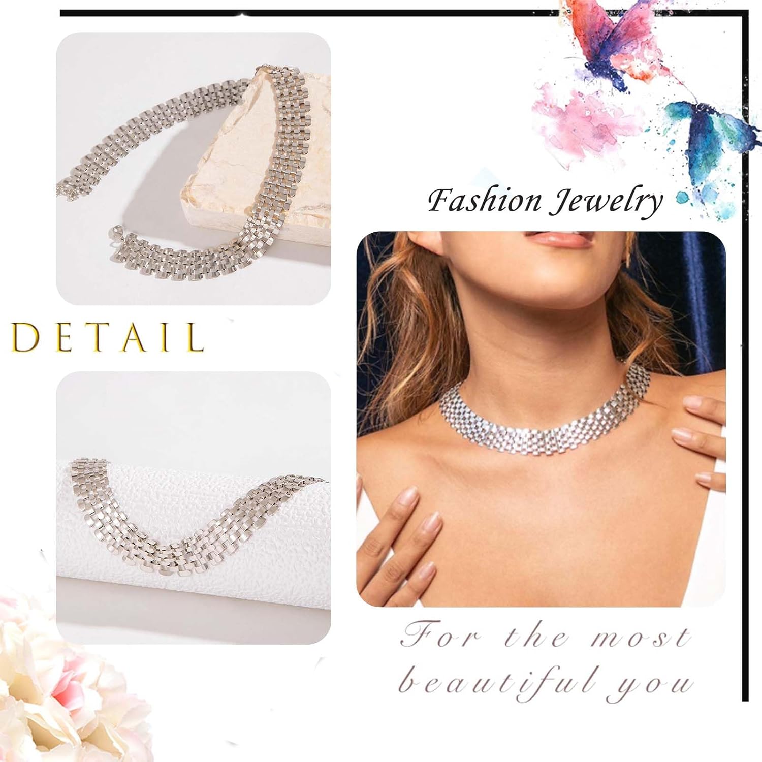 Silver Chunky Chain Necklace Simple Bib Collar Necklace Thick Geometric Chain Collarbone Necklace Table Chain Statement Necklace Hip Hop Jewelry for Women - Image 4