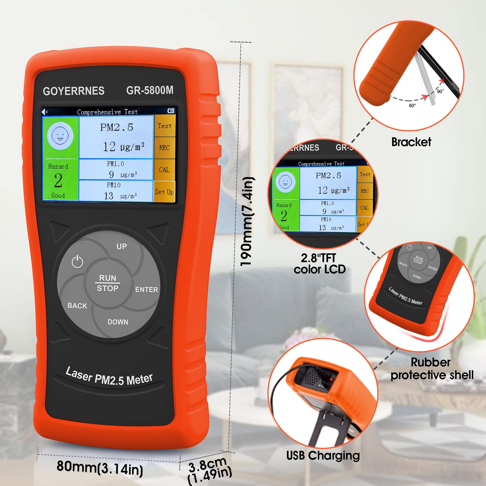 AOPUTTRIVER Feinstaubmessgerät Partikelmessgerät, PM2.5 Sensor AP-5800M, PM2 .5 Luftqualitätsmonitor zum Testen von PM 2.5, PM1.0, PM10, geeignet für Innen/Außen/Schlafzimmer/Büro