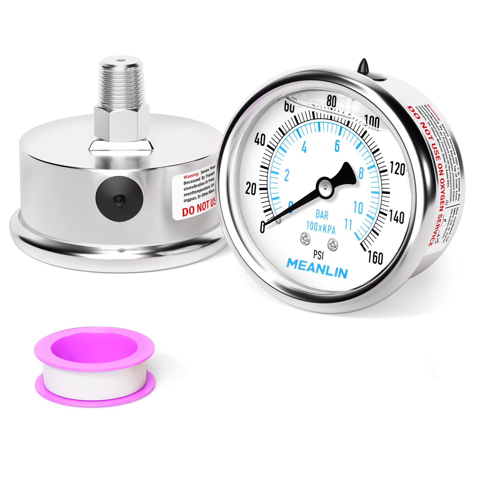 MEANLIN MEASURE 0~160Psi Liquid Filled Pressure Gauge Stainless Steel with 316 Stainless Steel Joint 1/4" NPT 2.5" FACE DIAL for Air Compressor RV