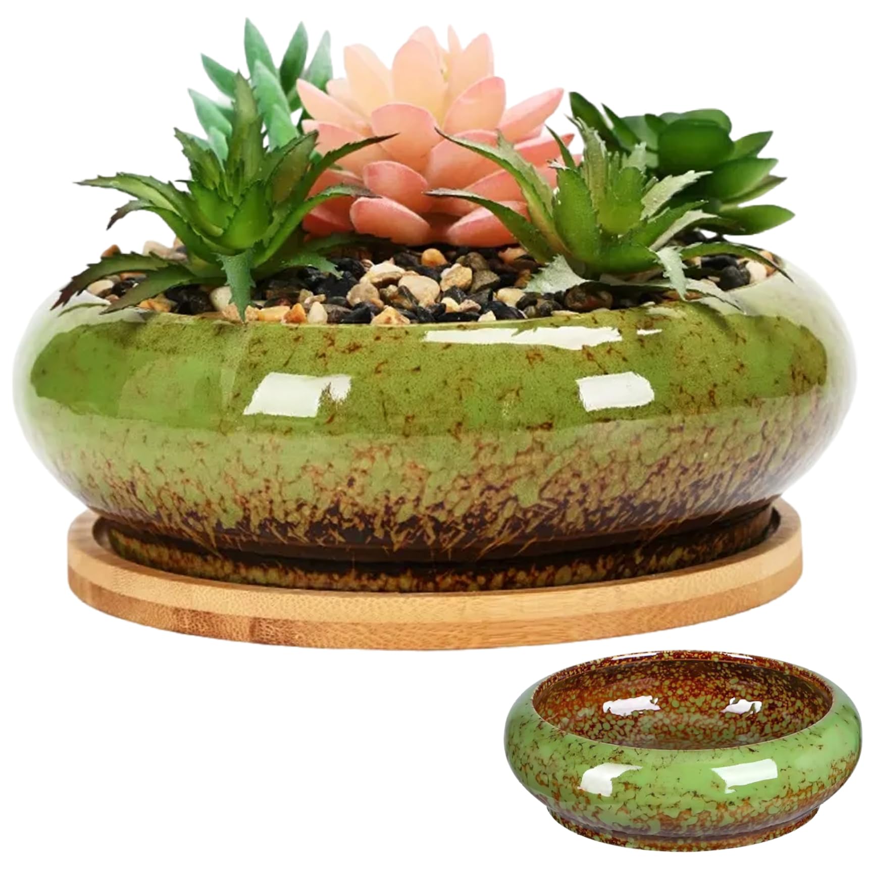 Wedhapy Bowl Planter Lotus Bowl Planter Ceramic Glazed Lotus 7x2in Round Decorative Shallow Hydroponic Without Drain for Water Lily, Green