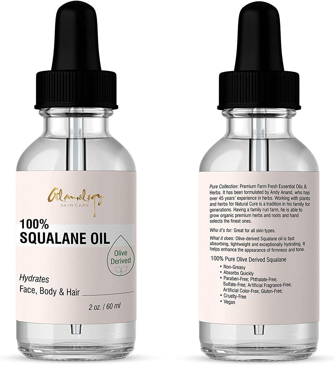 Glamology Squalane Oil (Olive Derived) - 100% Pure (2 oz) Face, Body & Hair Oil Moisturizer for All Natural Dry Skin Hydration! Reverse Aging (2 fl. oz.)