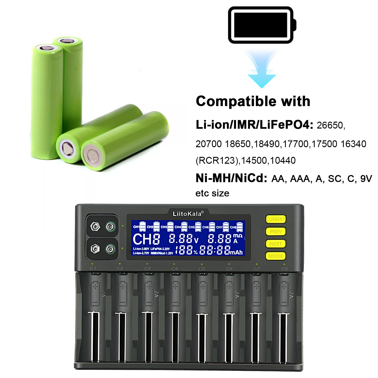 Ładowarka baterii 18650 Glaxcidy LiitoKala Lii-S8 inteligentna ładowarka z wyświetlaczem LCD do baterii 26650 21700 17500 14500 Li-ion (4,2 V)/IMR (4,35 V)/LiFePO4, AA AAA Ni-MH/CD, adapter 12 V DC, 8