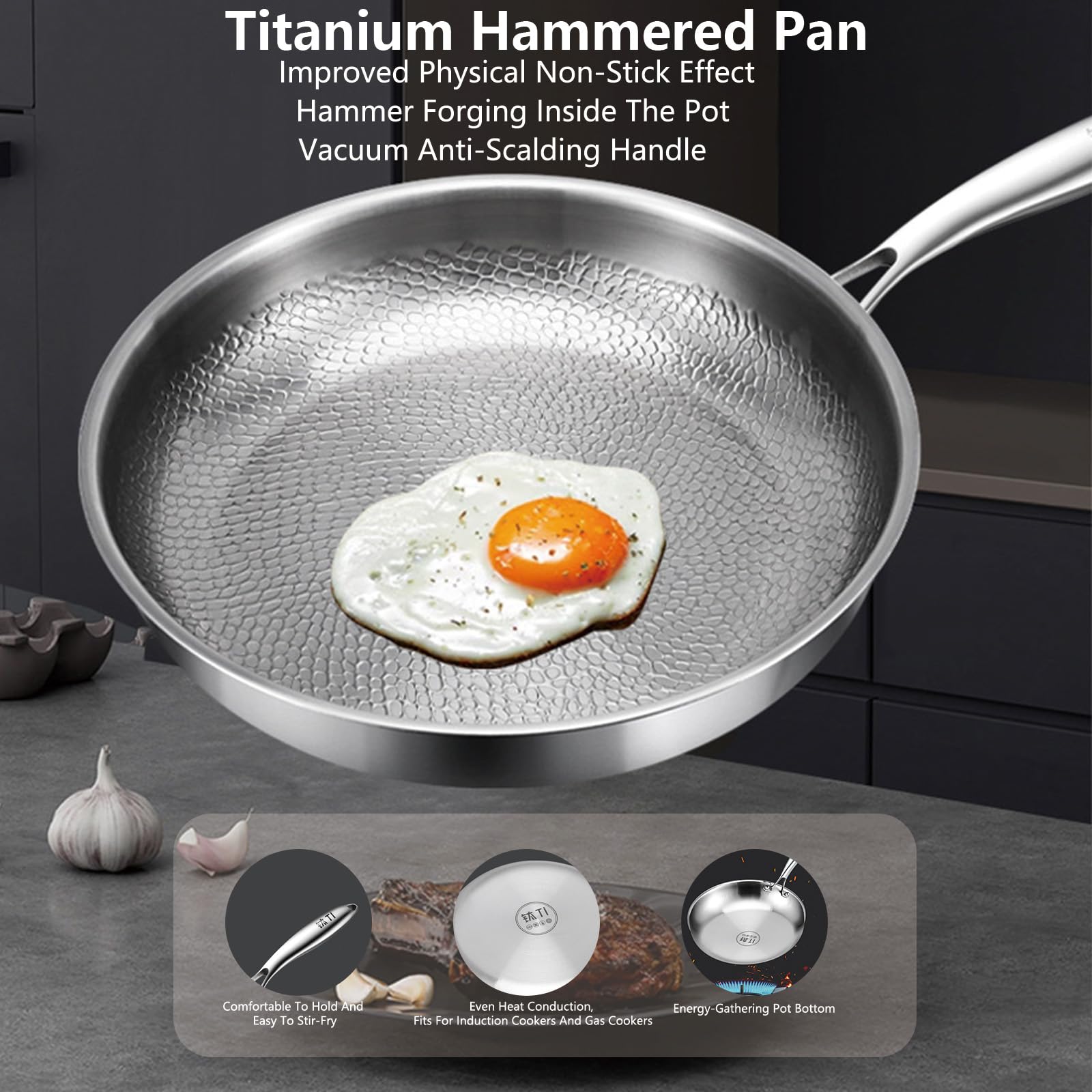 Pfanne Aus Reinem Titan, Titan Pfanne Unbeschichtet,Titanium Hammered Pan Pro mit Deckel und Spatel,Ultra Durable, Kratzfest, Titanpfanne 26CM Geeignet für Alle Herdarten (M)