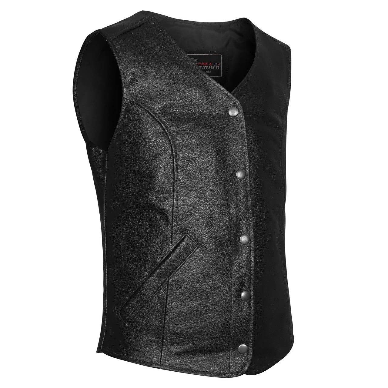 Women's Black Five Snap Leather Motorcycle Vest with Side Laces & Interior Pocket, Classic V-Neck Biker Style Vest