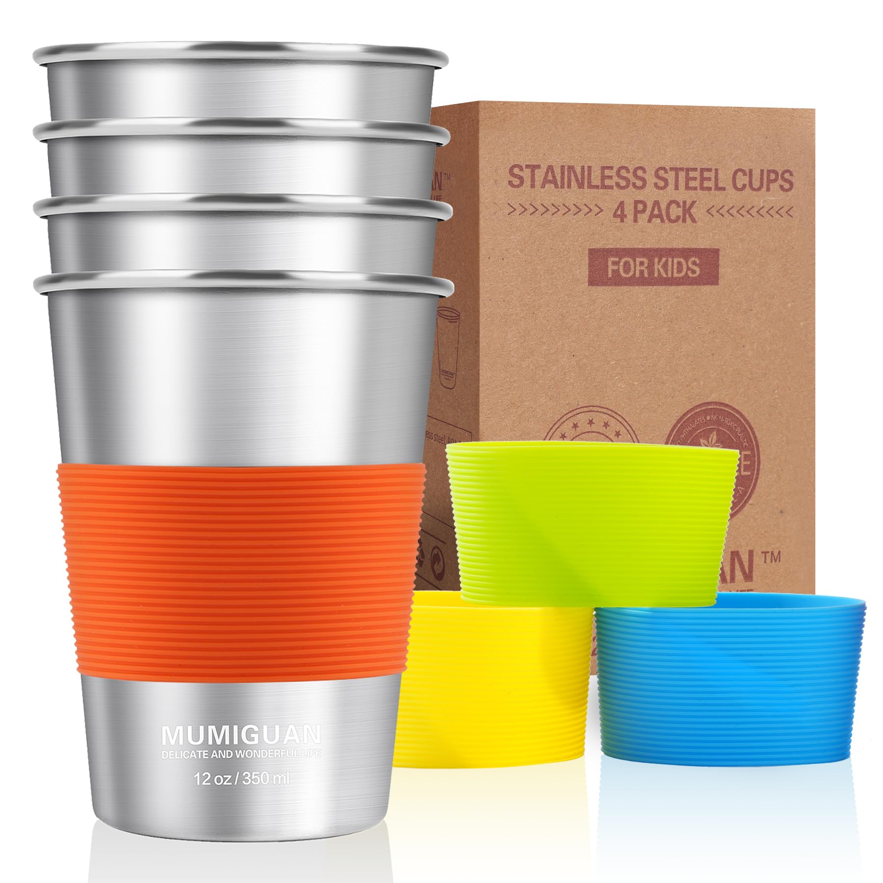 MUMIGUAN Stainless Steel Cups for Kids with Silicone Sleeves 12oz/350ml (4 Pack), Stainless Steel Tumbler, Kids Cups, Camping Stainless Steel Cups,