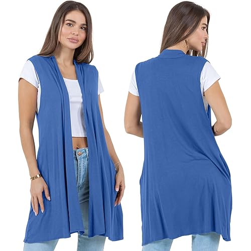 Azules Sleeveless Long Cardigans for Women with Side Pockets - Summer Vest Open Front Light Women's Cardigan Dressy Blazer