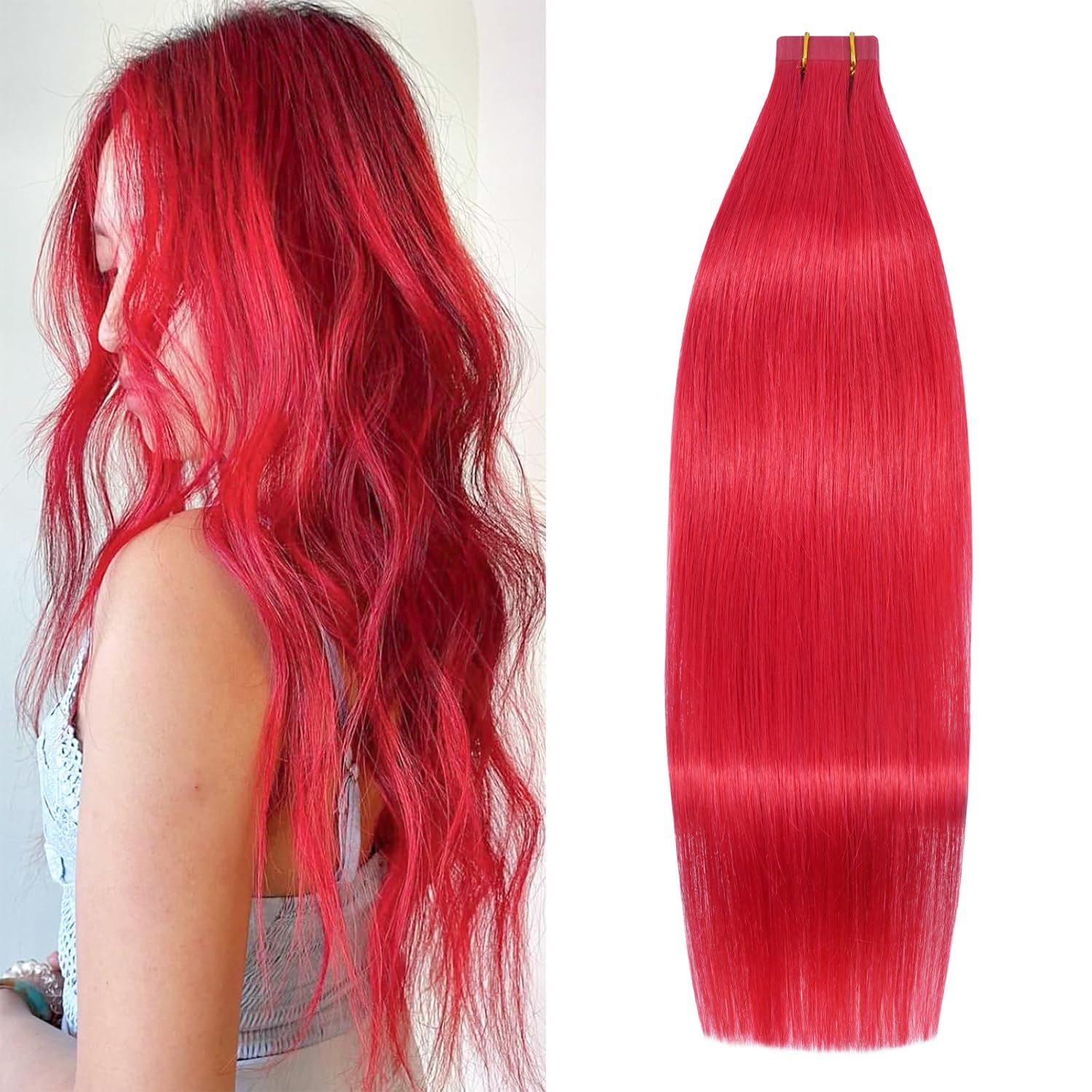 WindTouch Tape in Hair Extensions Red 100% Human Hair Extensions Gift for Woman 20 Pcs 18Inch #red 40g