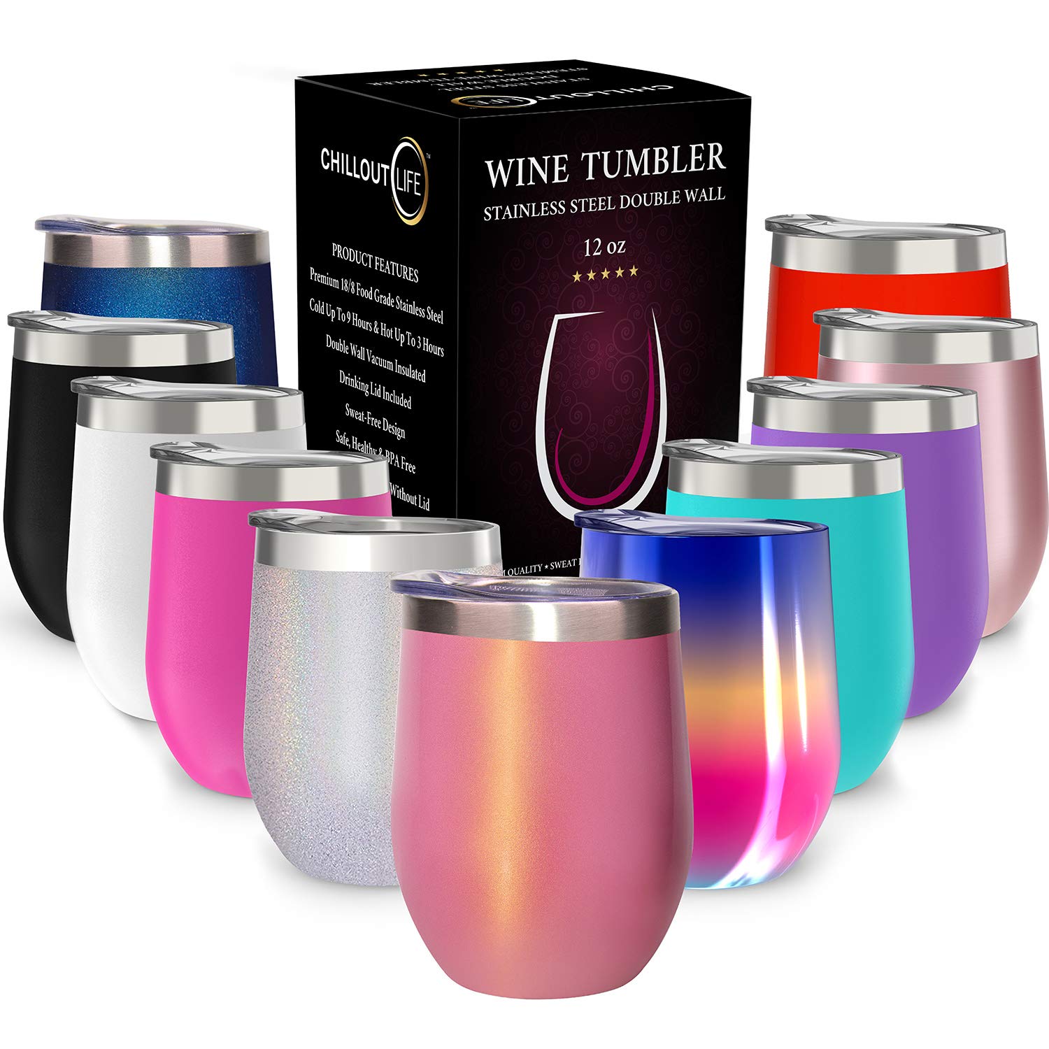 CHILLOUT LIFE 12 oz Stainless Steel Tumbler with Lid & Gift Box - Wine Tumbler Double Wall Vacuum Insulated Travel Tumbler Cup for Coffee, Wine,