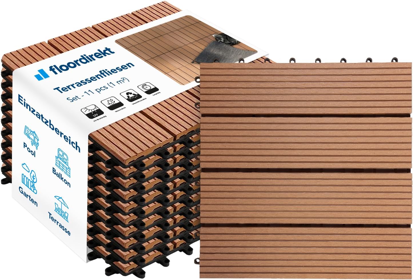 Floordirekt WPC Fliesen 30x30 cm, 1m² = 11 Terrassenfliesen