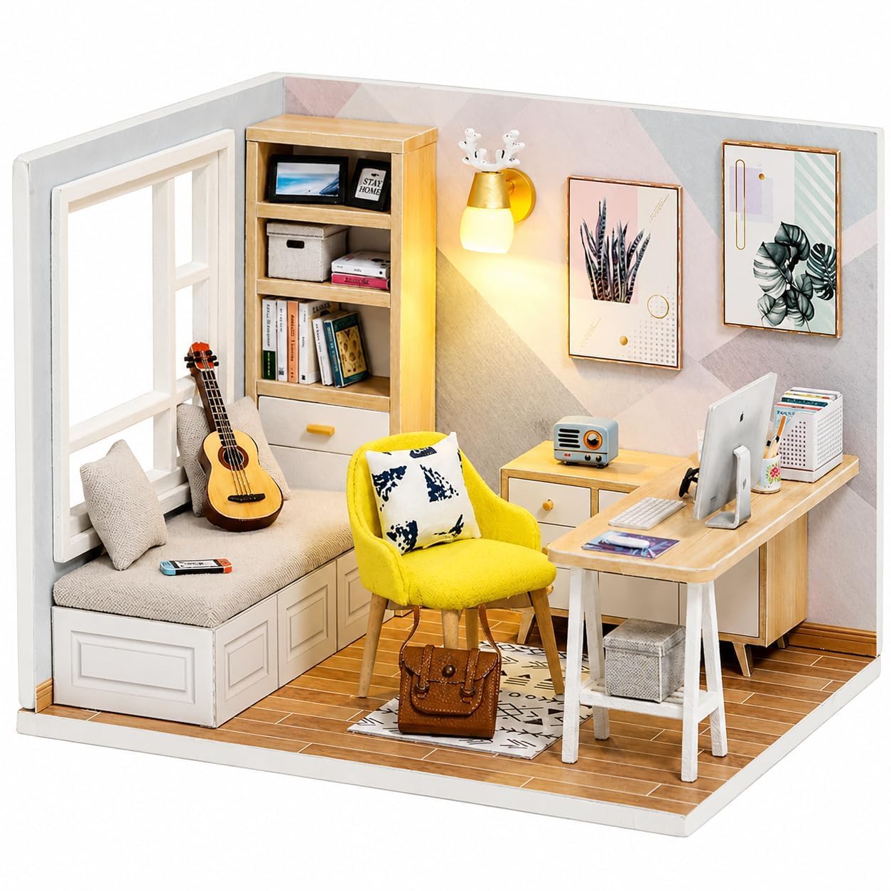 DIY Miniature Study Room Kit - 1:32 Wooden Miniature House Building Kit with Furnitures & LED Light & Dust Cover, Creative Tiny House Craft with Glue, Display Collectible Decoration & Gift for Adults
