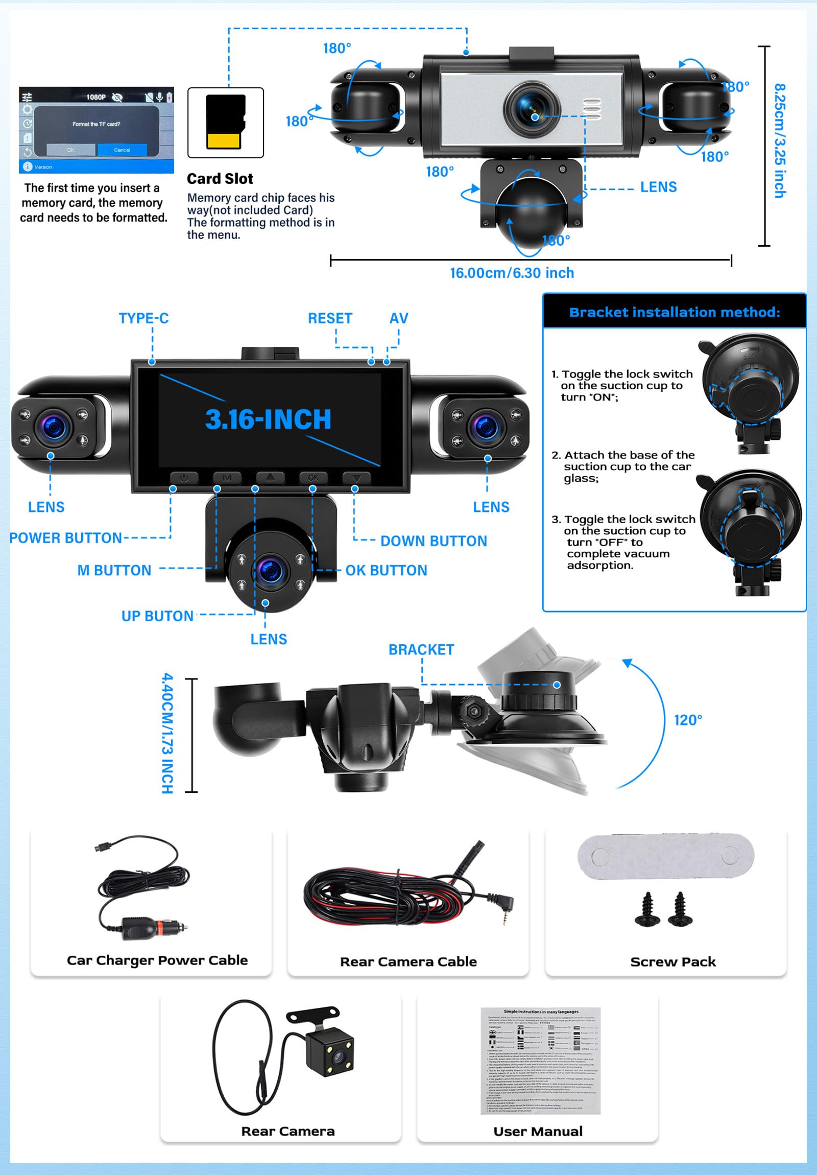 OiLiehu 5 Canales Cámara para Salpicadero 3,16" para Coches, Resolución 1080P + 480P, 5 Lentes con Grabación en Bucle, G-Sensor, Visión Nocturna, Asistencia Aparcamiento,Detección de Movimiento